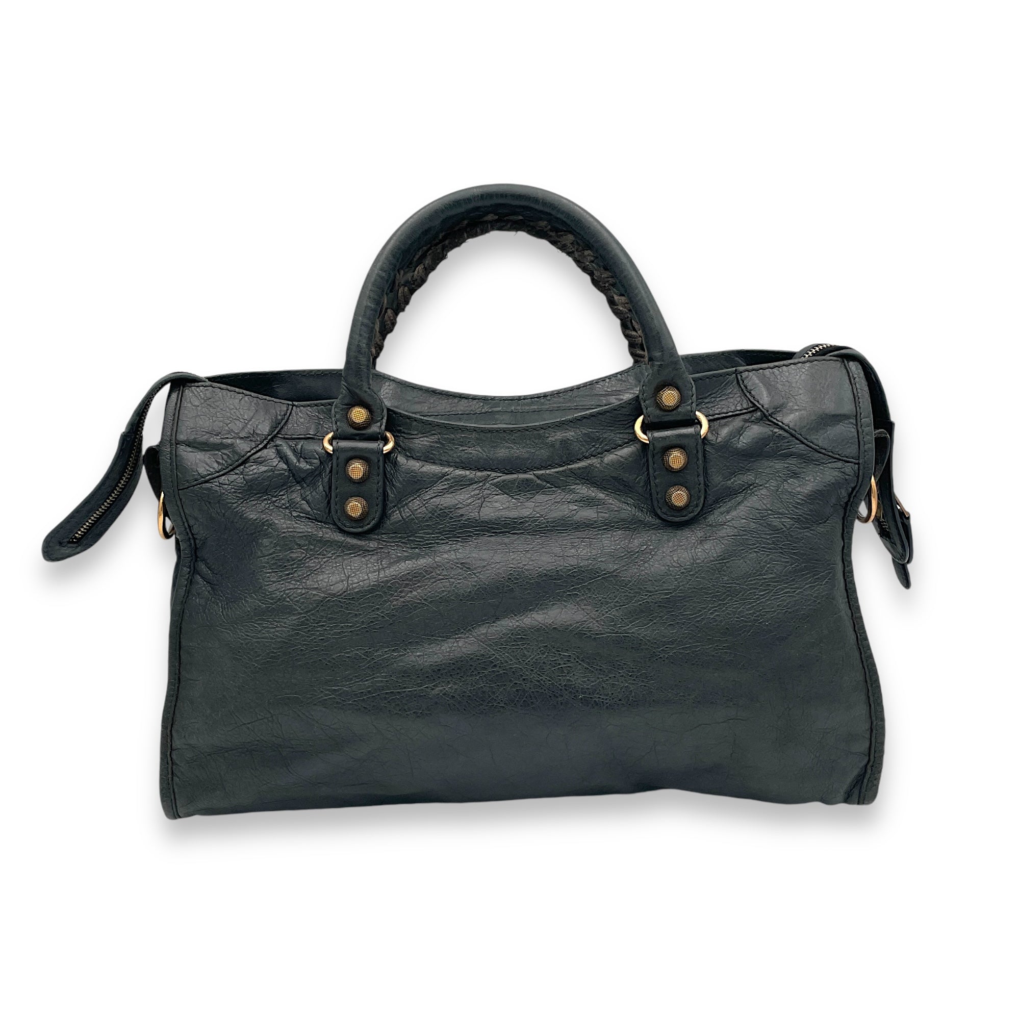 City Medium Dark Grey Shoulder Bag in Distressed Leather, Gold hardware