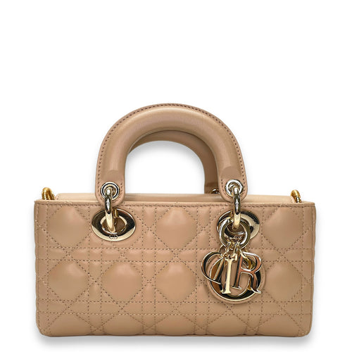 Lady D-Joy Small Beige Top Handle Bag in Lambskin, Gold hardware