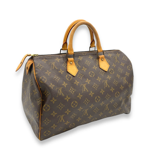 Speedy 35 Brown Top Handle Bag in Monogram Coated Canvas, Gold hardware