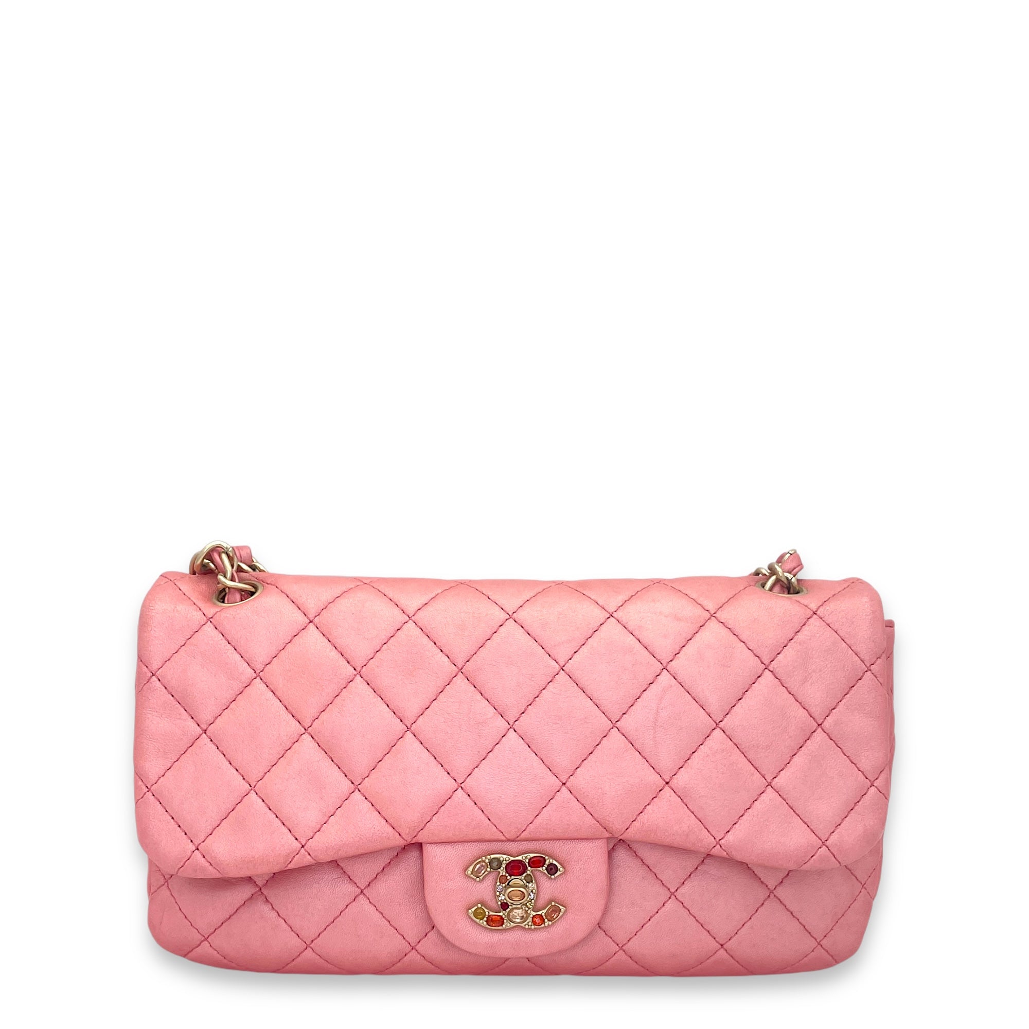 Timeless CC Pink Shoulder Bag in Lambskin, Brushed Gold hardware