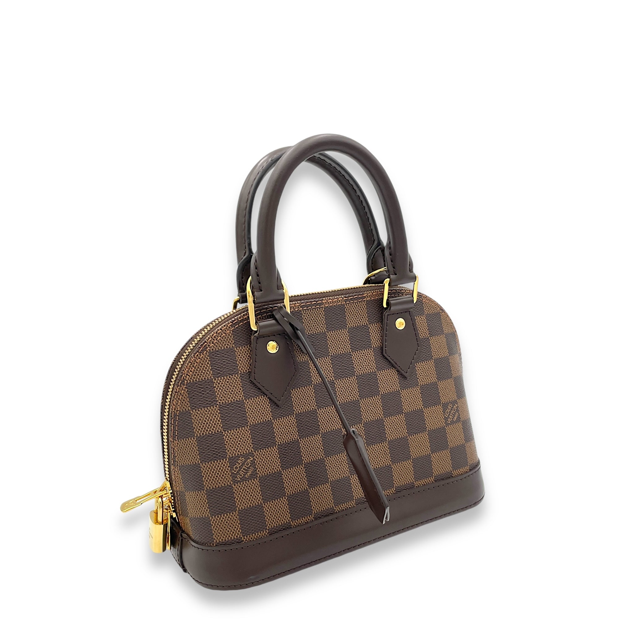 Alma BB Damier Ebene Top Handle Bag in Coated Canvas, Gold hardware