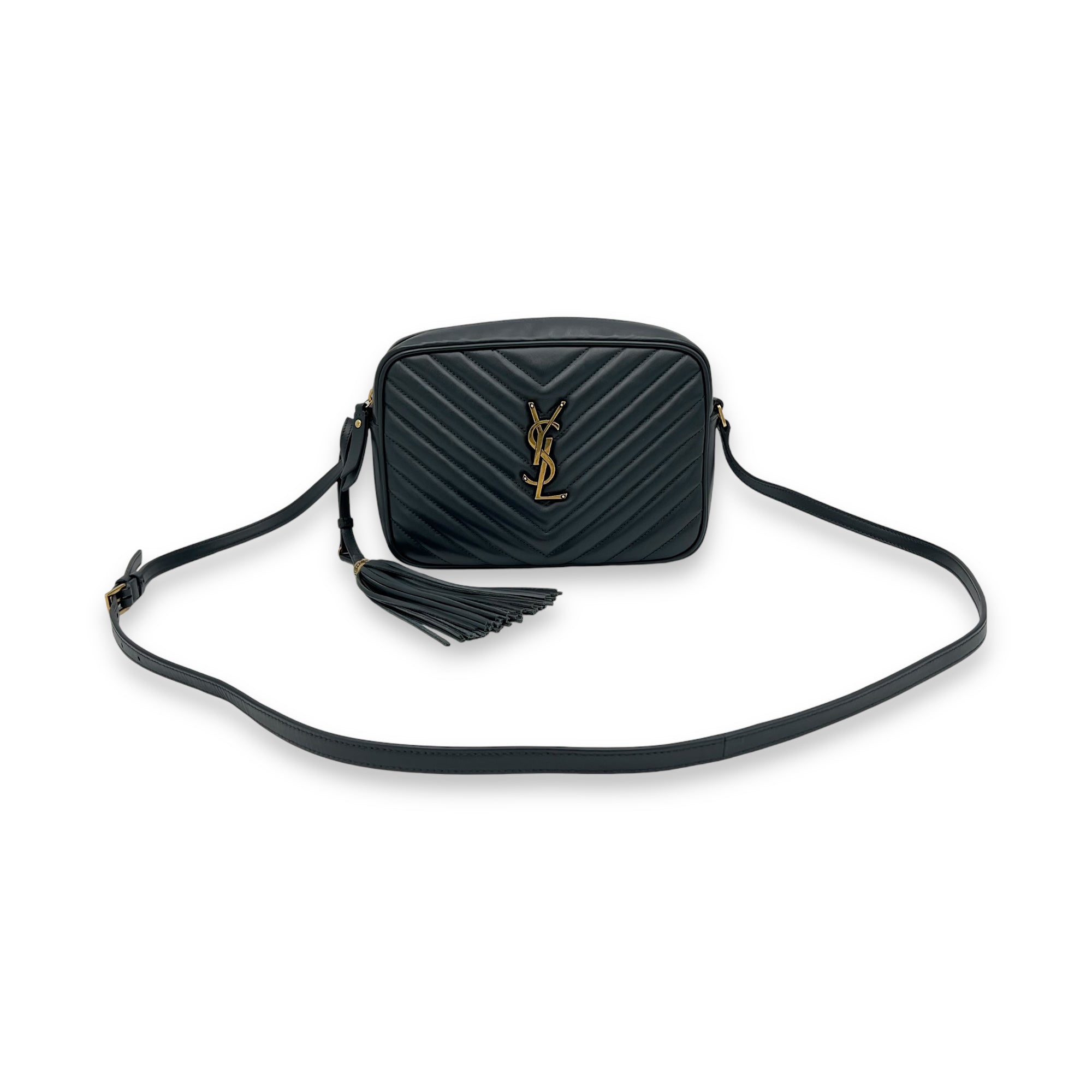 Lou Camera Grey Crossbody Bag in Calfskin, Gold hardware