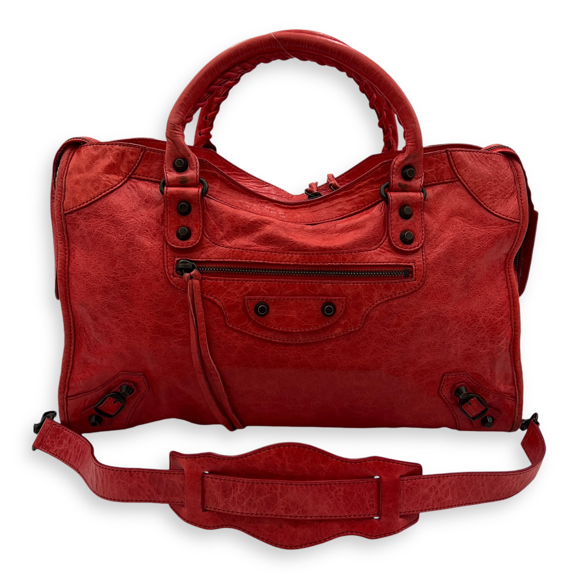 City Top Handle Bag Medium Red in Distressed Leather, Ruthenium hardware