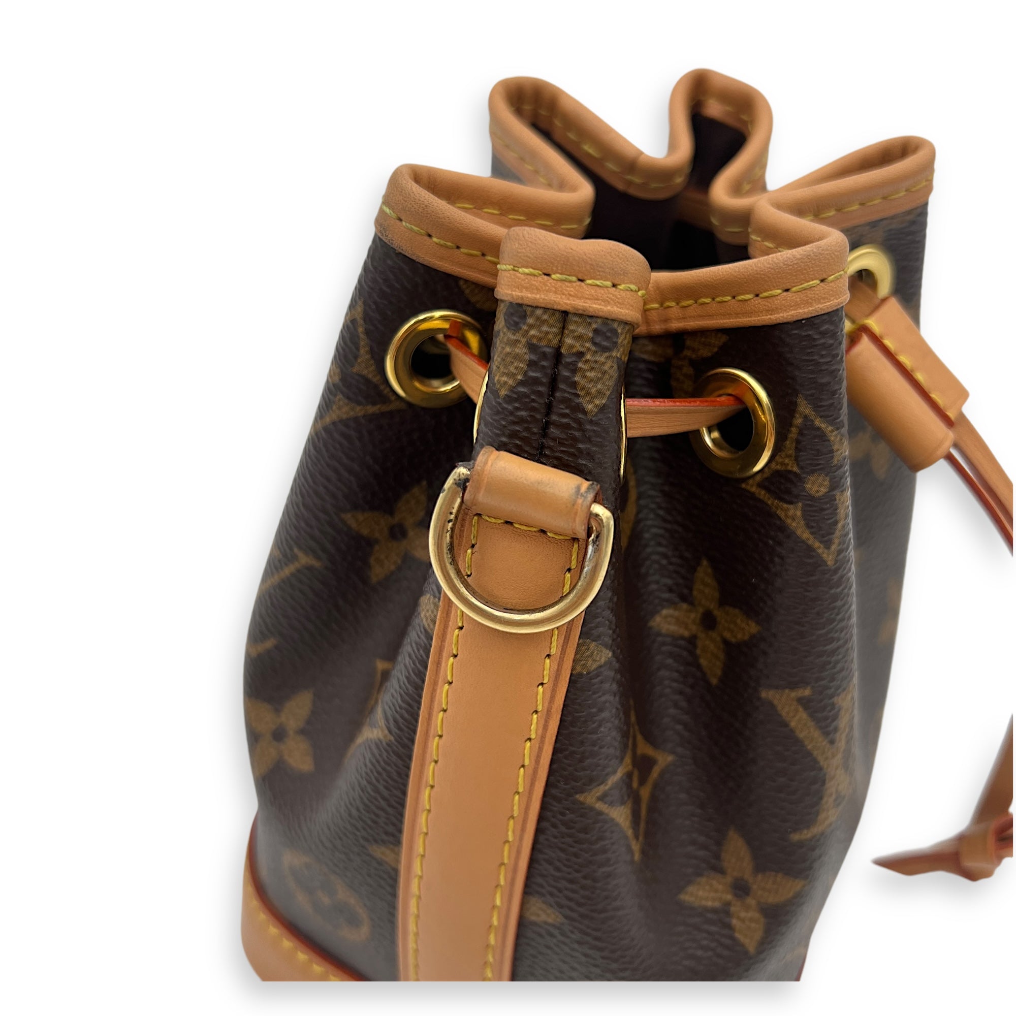 Noe Top Handle Bag Nano Brown in Monogram Coated Canvas, Gold hardware