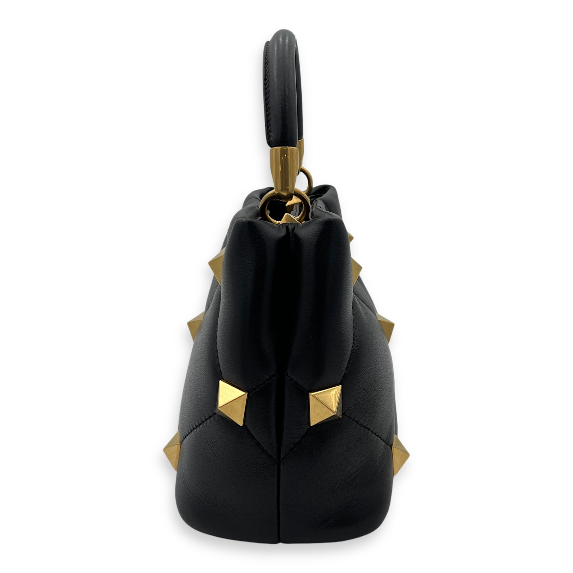 Roman Studs Top Handle Bag Small Black in Calfskin, Gold hardware