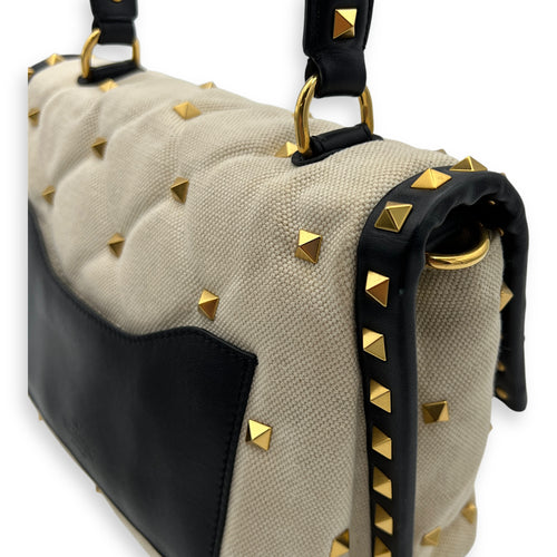 Rockstud White Top Handle Bag in Canvas, Gold hardware