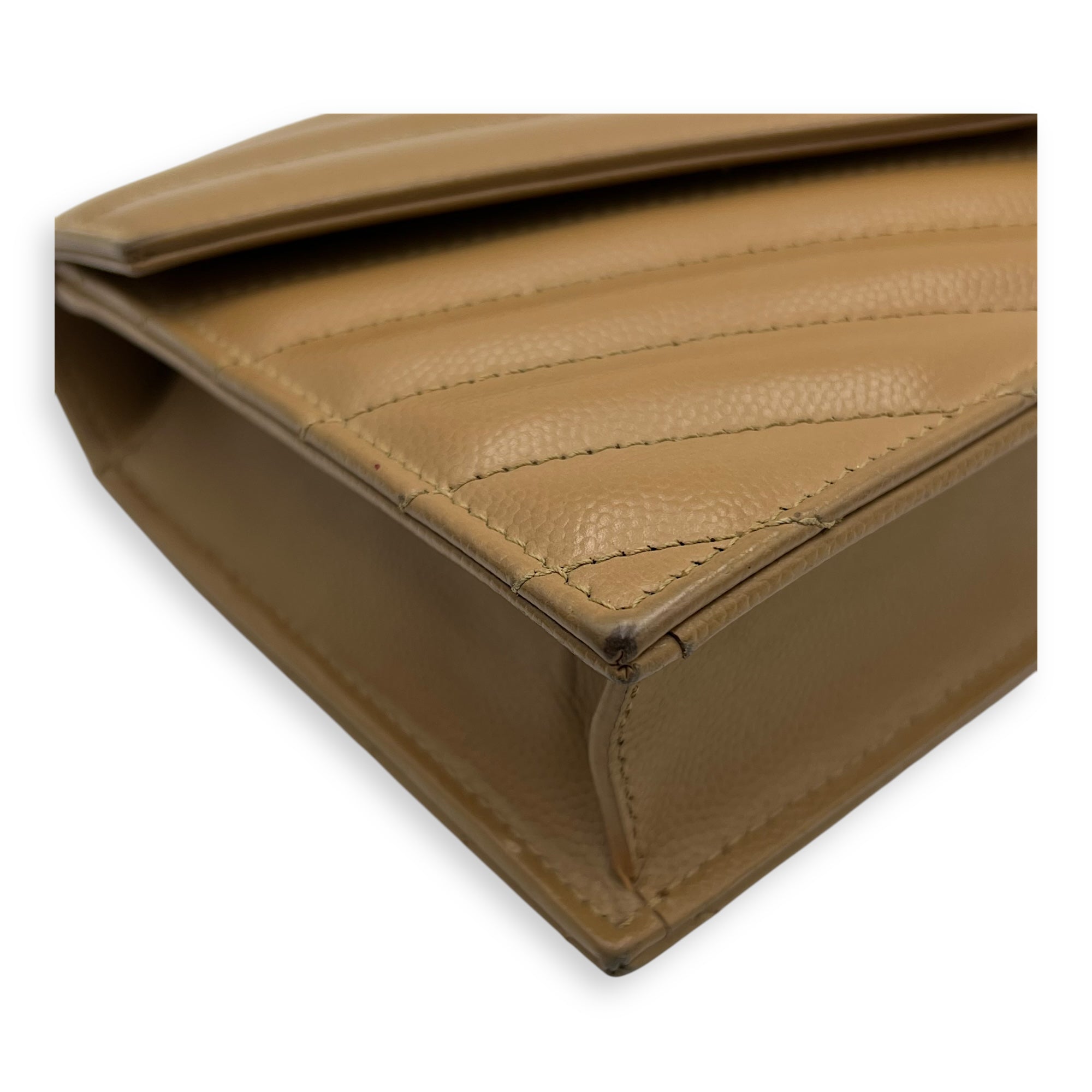 Saint Laurent Cassandre Wallet On Chain Beige in Calfskin, Gold hardware_8