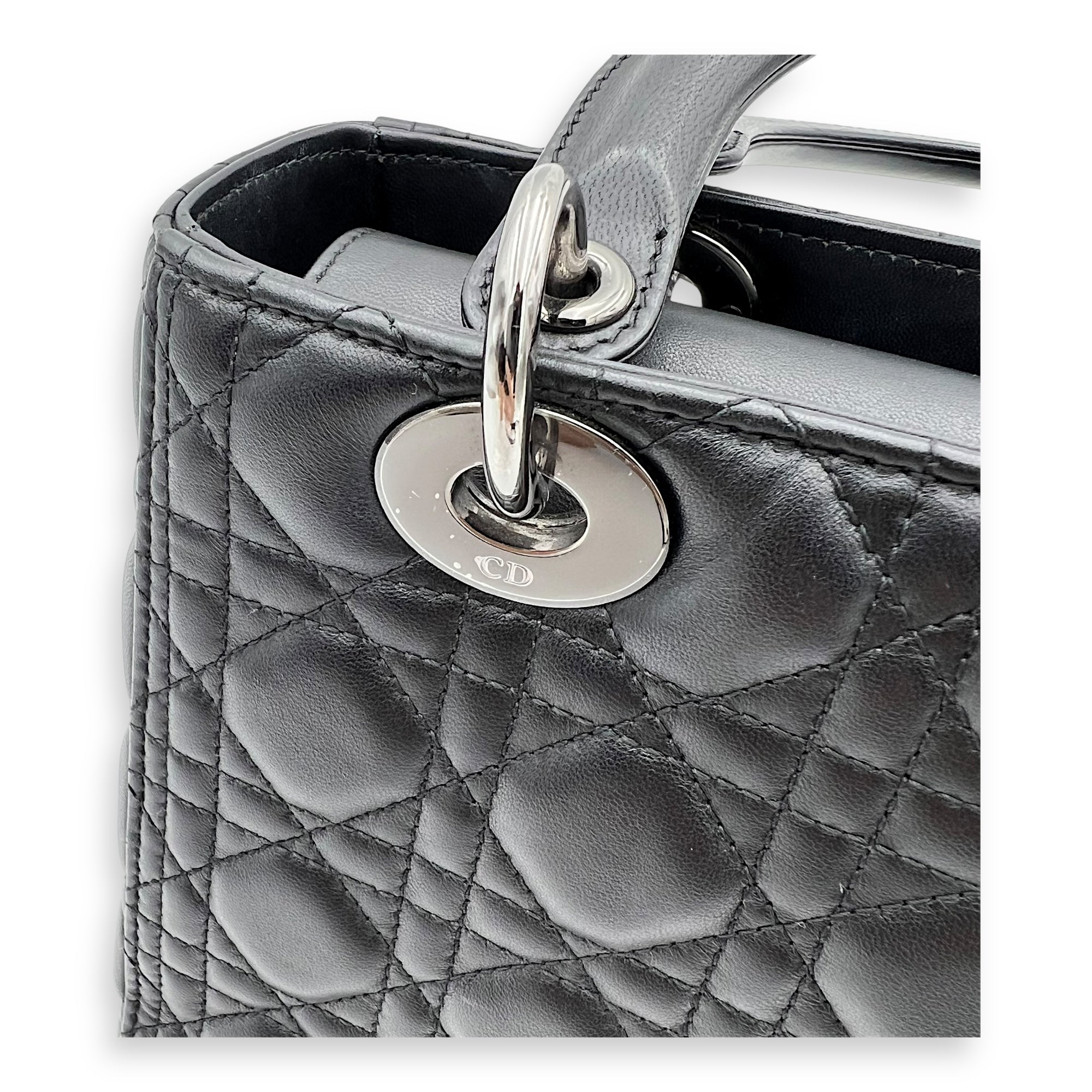 Christian Dior Lady Dior Medium Black Top Handle Bag in Calfskin, Gunmetal hardware_12