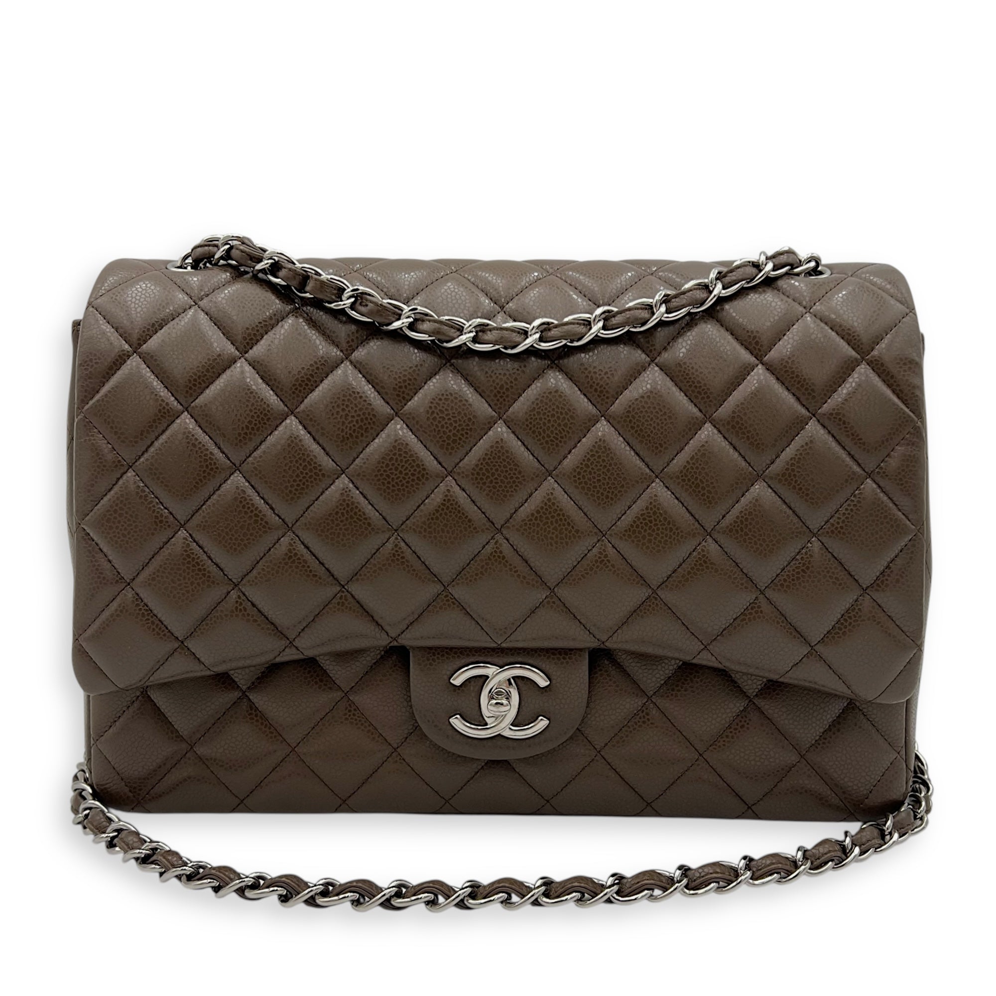 Chanel Classic Shoulder Bag Maxi Green in Caviar Leather, Silver hardware_9