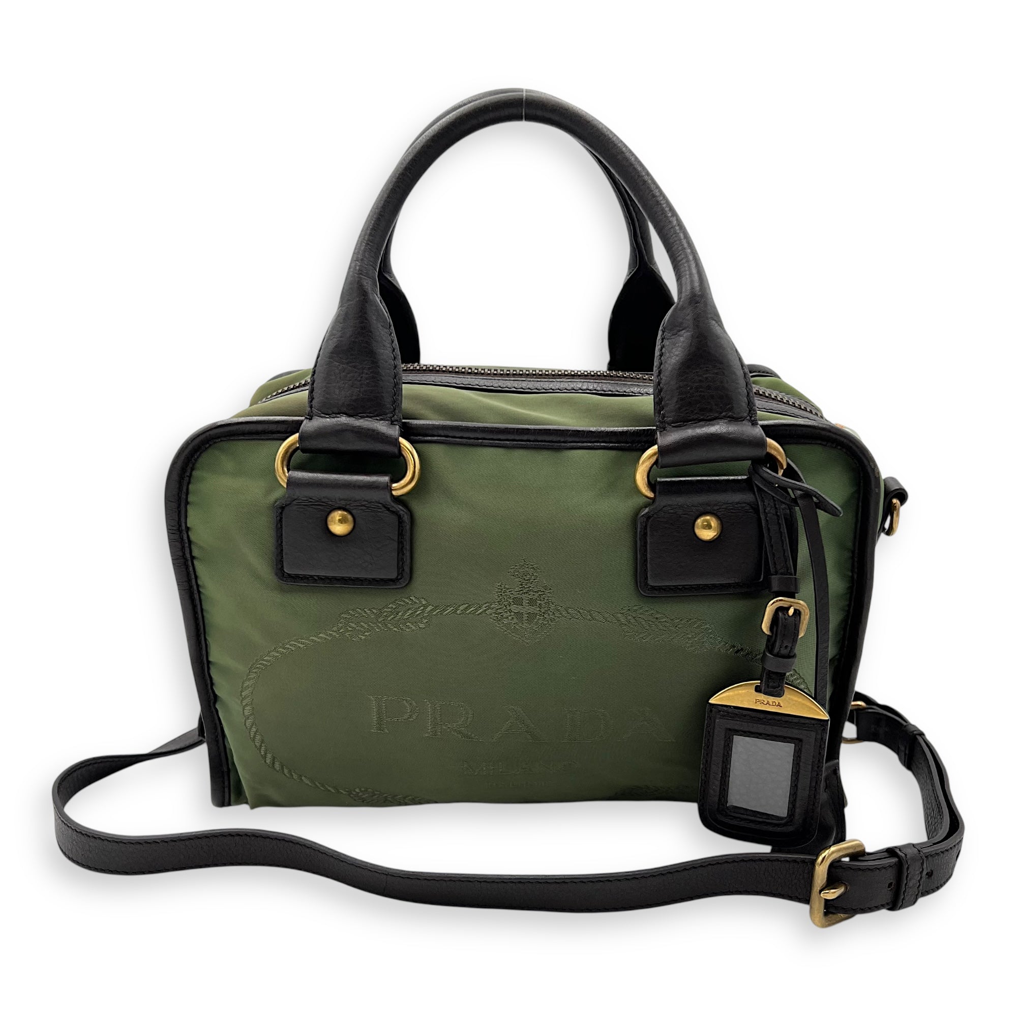 Prada Logo Top Handle Bag Green in Nylon, Gold hardware_1