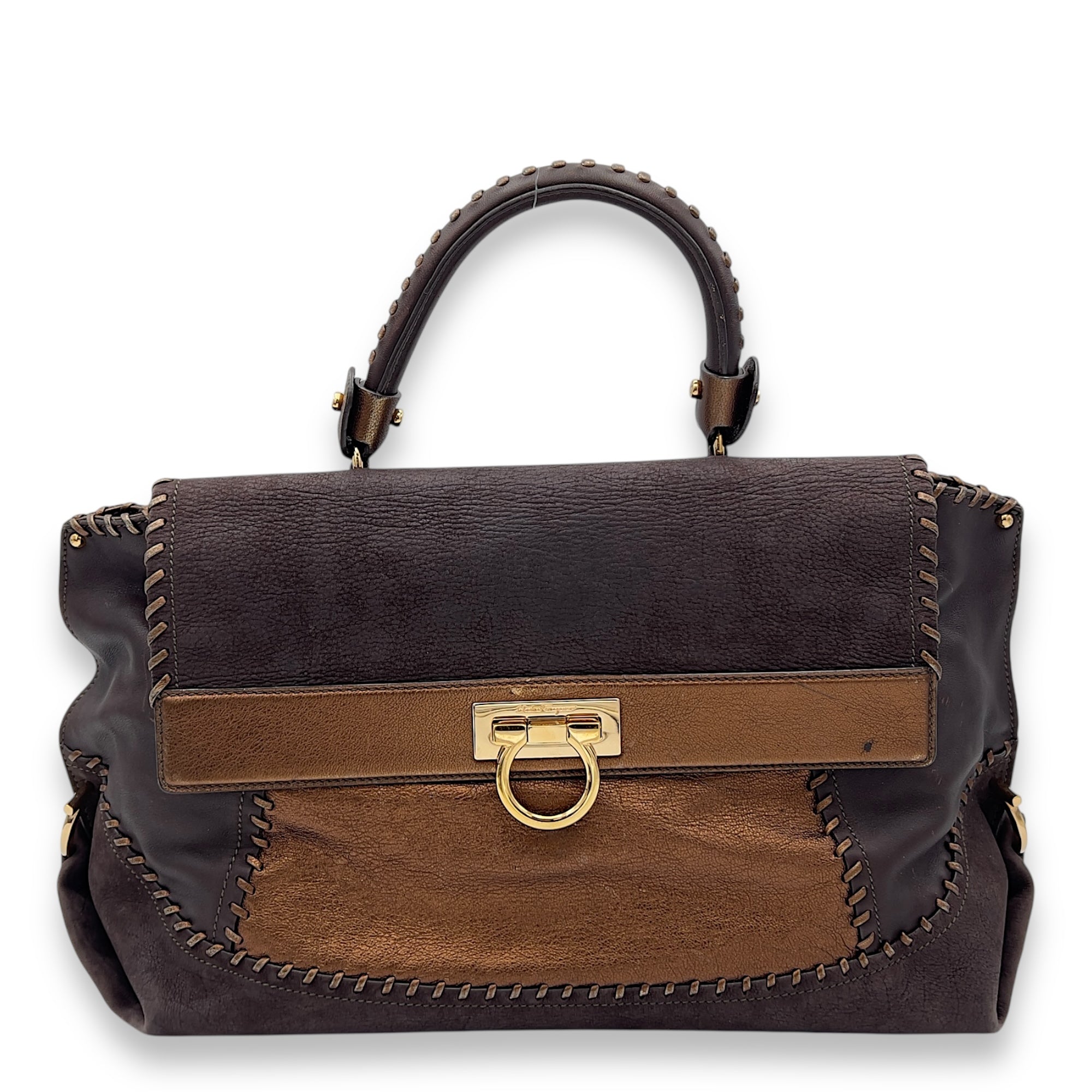 Ferragamo Tote Top Handle Bag Medium Brown in Calfskin, Gold hardware_1