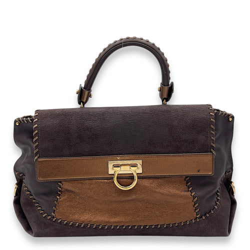 Ferragamo Tote Top Handle Bag Medium Brown in Calfskin, Gold hardware_1