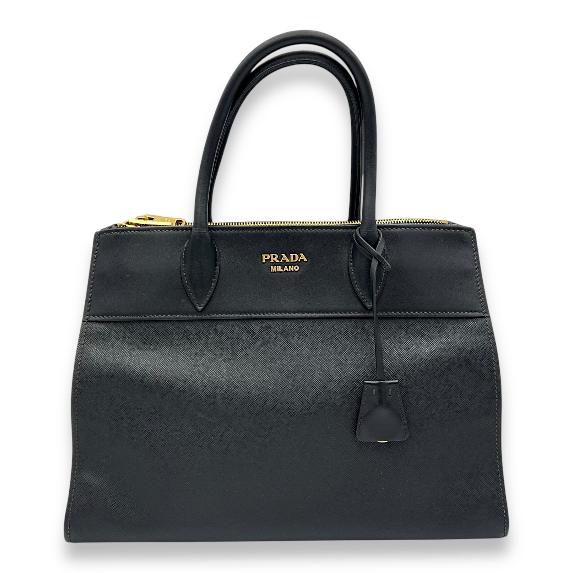 Prada Logo Top Handle Bag Black in Saffiano Leather, Gold hardware_1