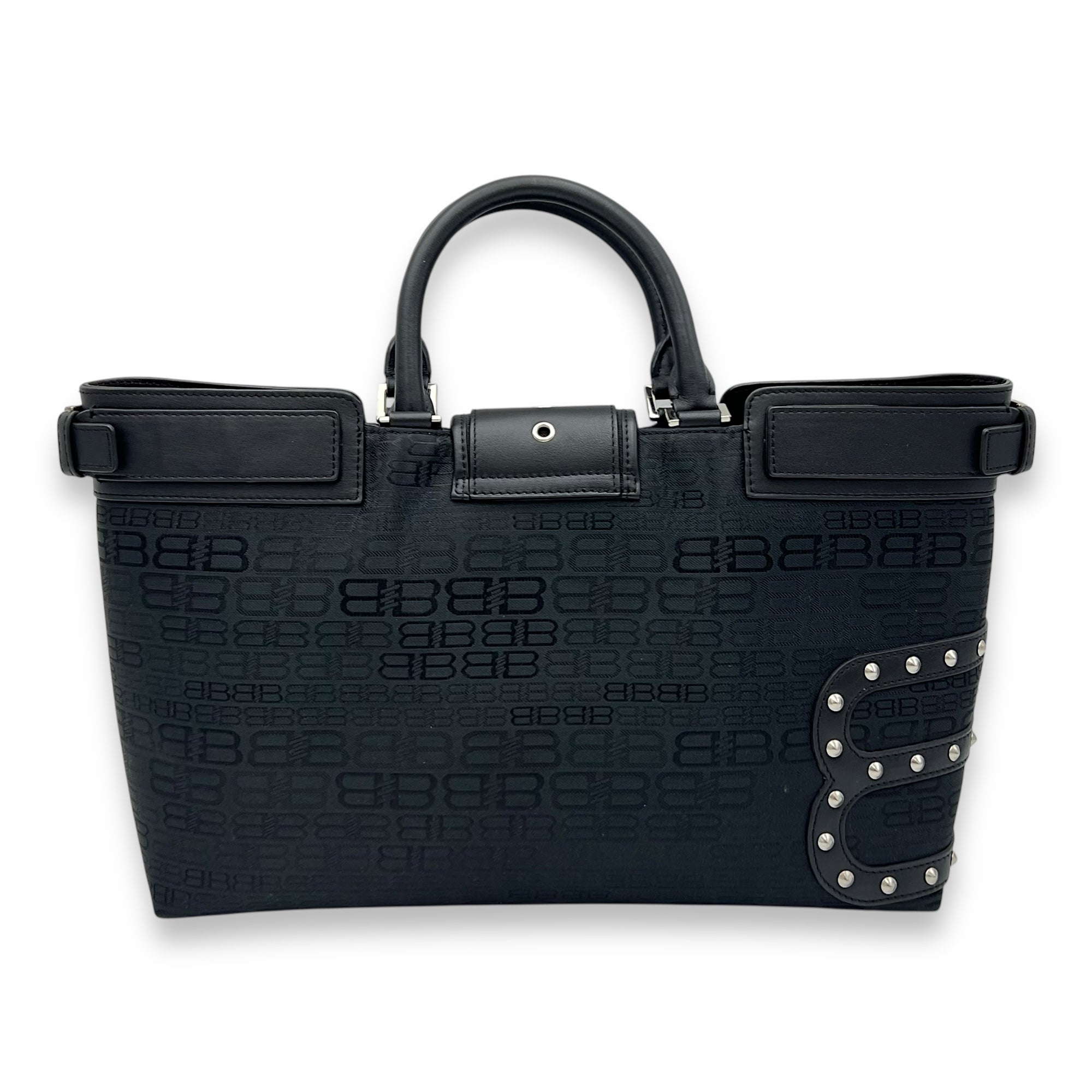 Balenciaga Logo Top Handle Bag Black in Canvas, Silver hardware_2