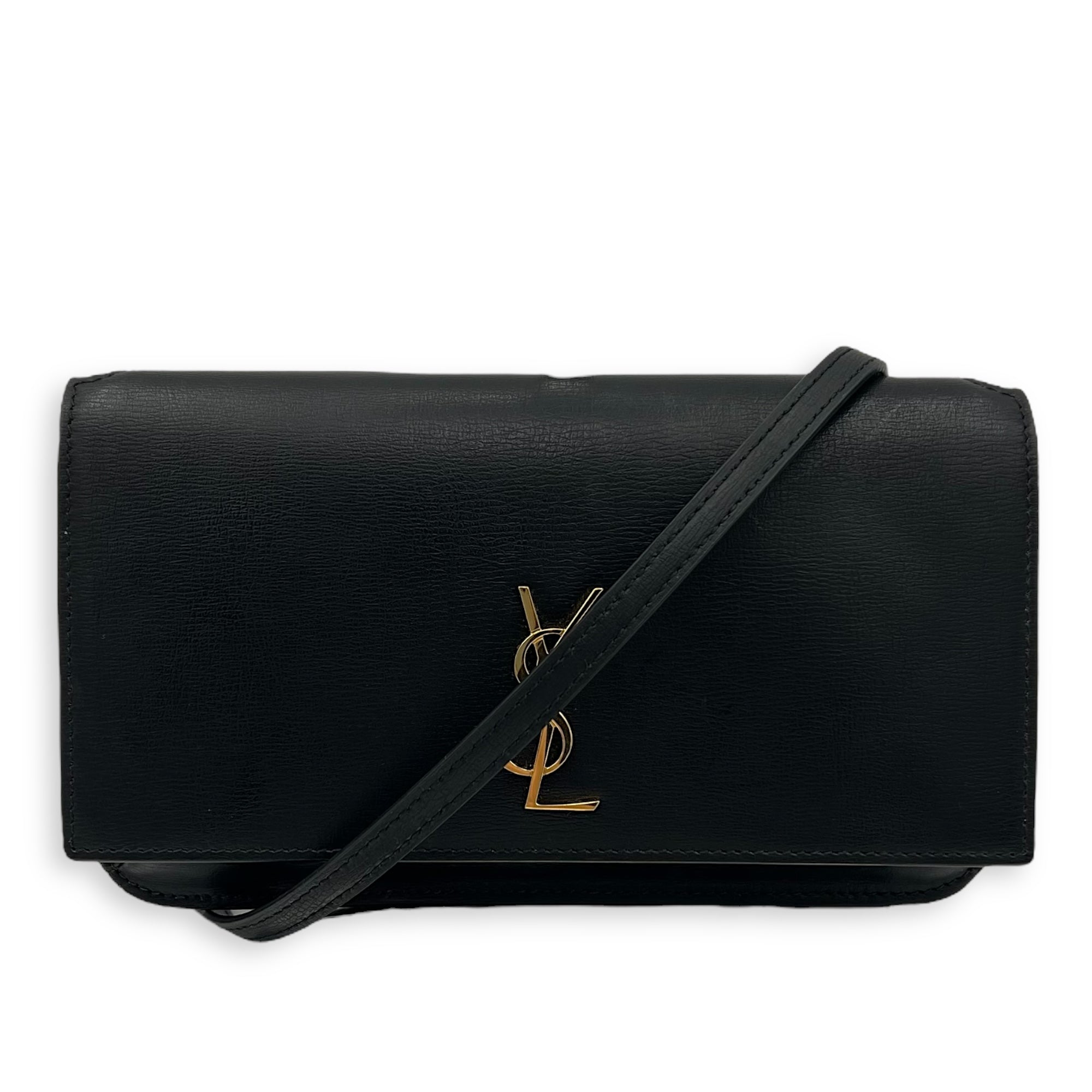 Saint Laurent Cassandra Black Phone Holder in Calfskin, Gold hardware_9