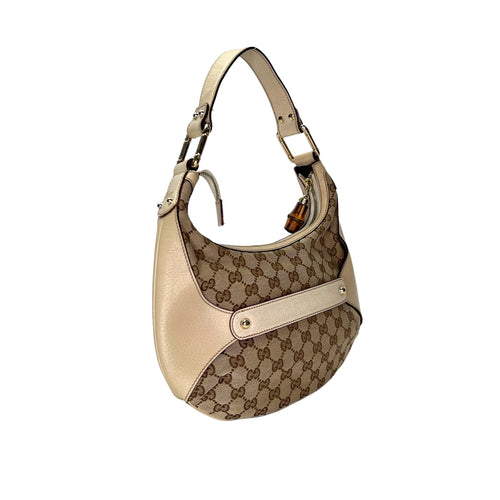 Bamboo Horsebit White Shoulder Bag in Jacquard, Light Gold hardware