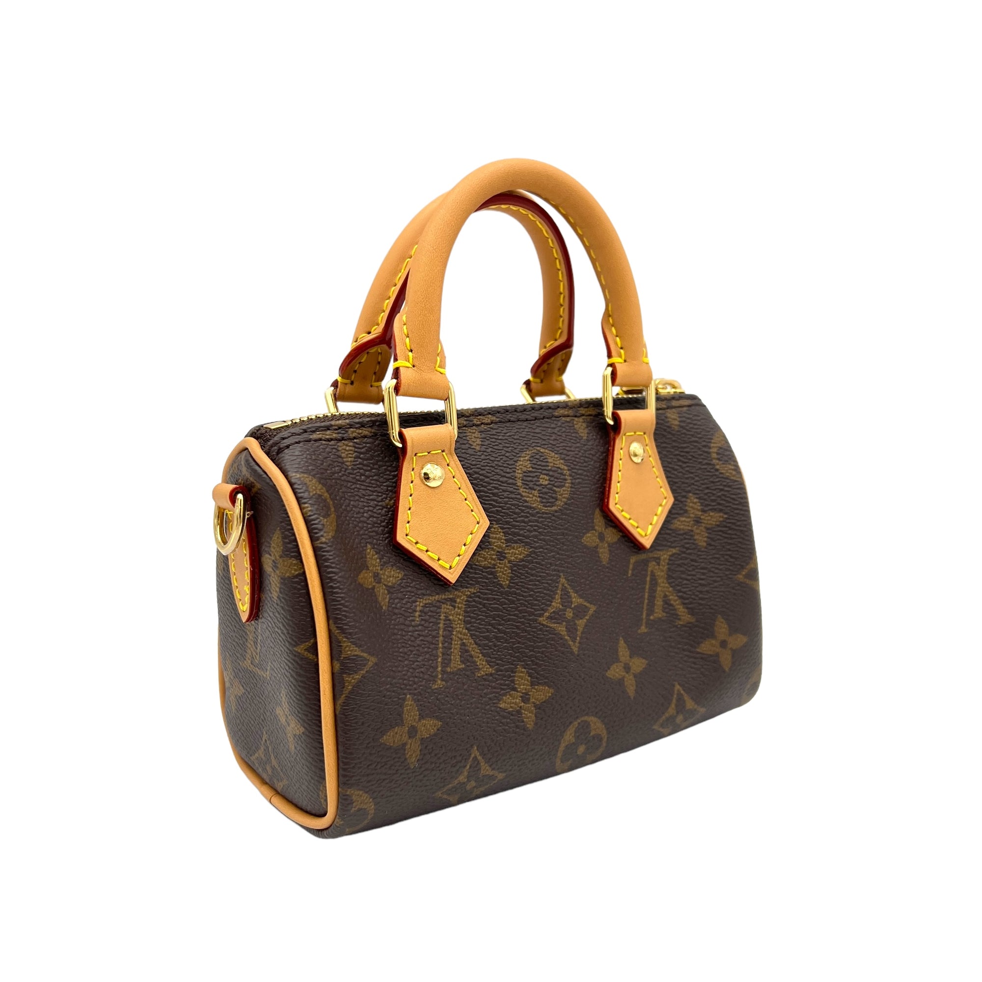 Speedy Nano Brown Top Handle Bag in Monogram Coated Canvas, Gold hardware