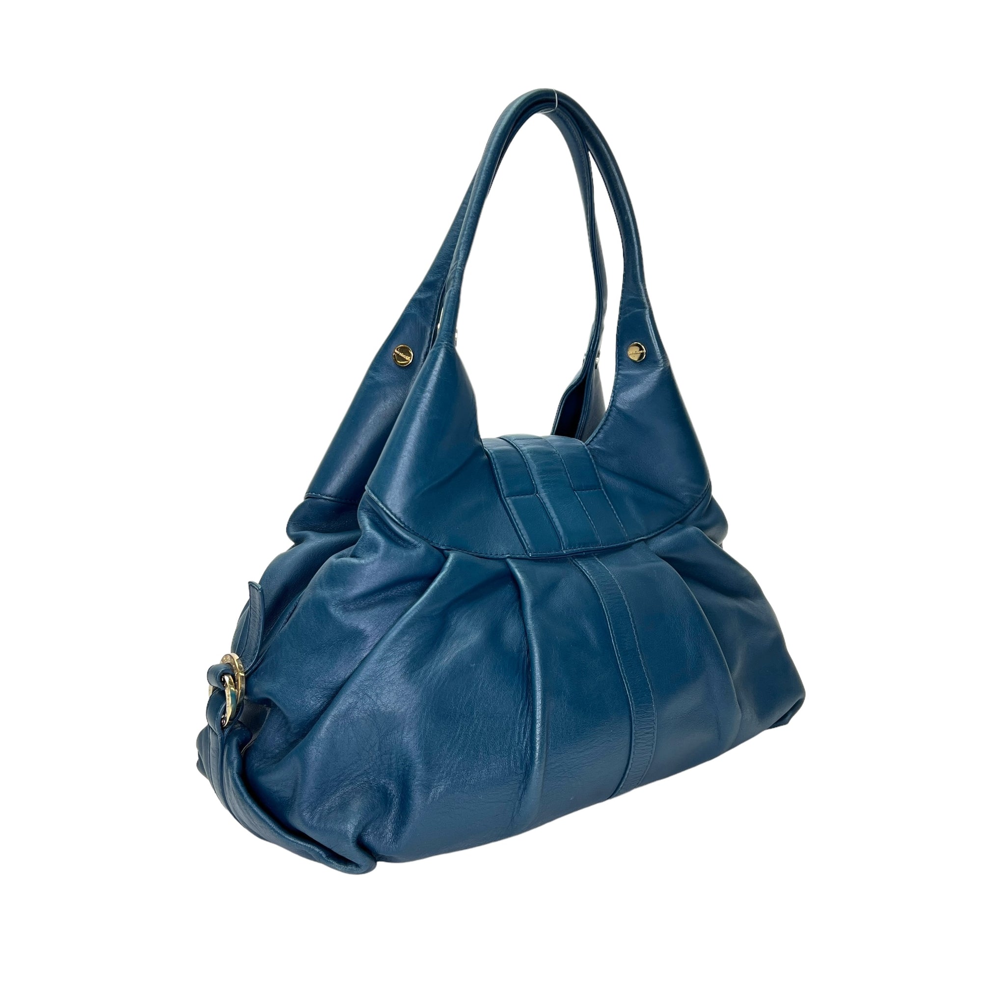 Chandra Hobo Blue Shoulder Bag in Calfskin, Gold hardware