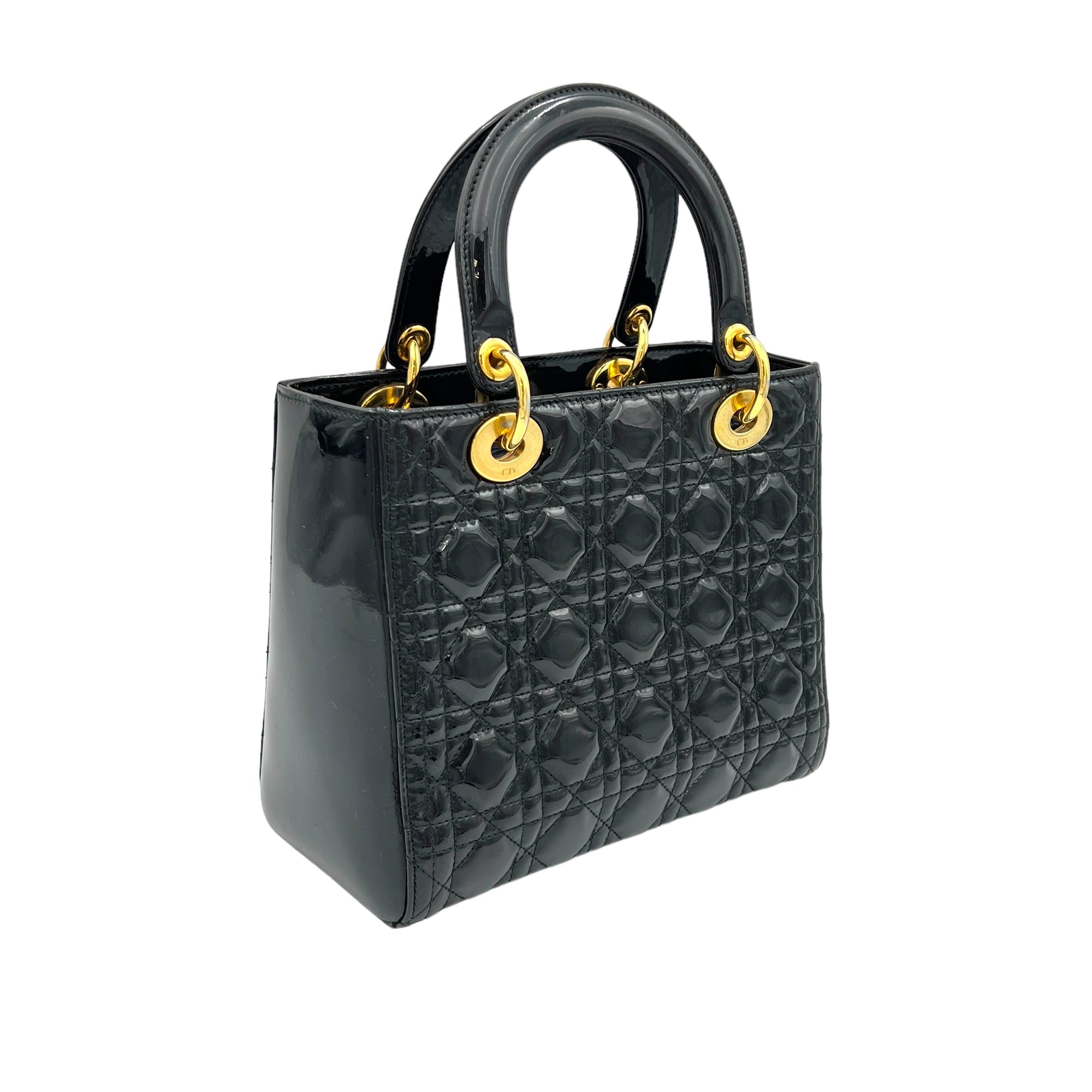 Lady Dior Medium Black Top Handle Bag in Patent Leather, Gold hardware