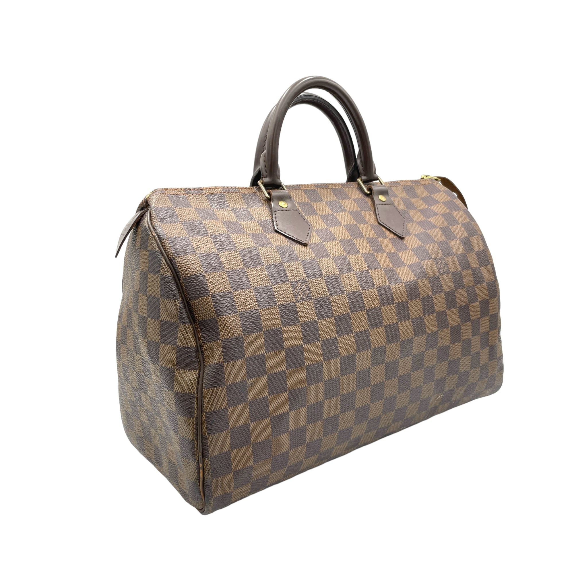 Speedy Top Handle Bag 35 Damier Ebene in Coated Canvas, Gold hardware