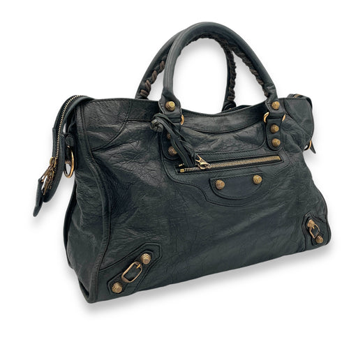 City Medium Dark Grey Shoulder Bag in Distressed Leather, Gold hardware