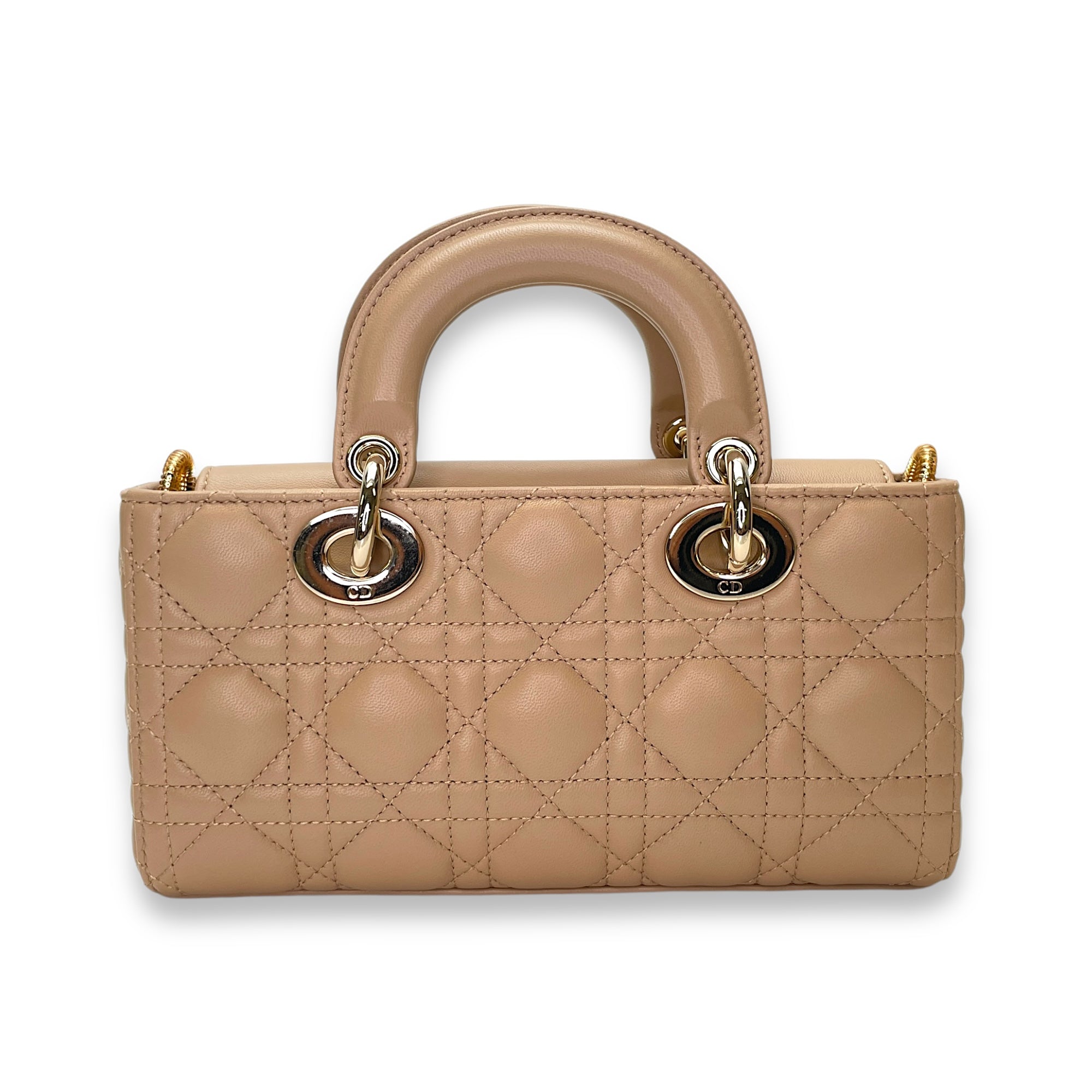 Lady D-Joy Small Beige Top Handle Bag in Lambskin, Gold hardware