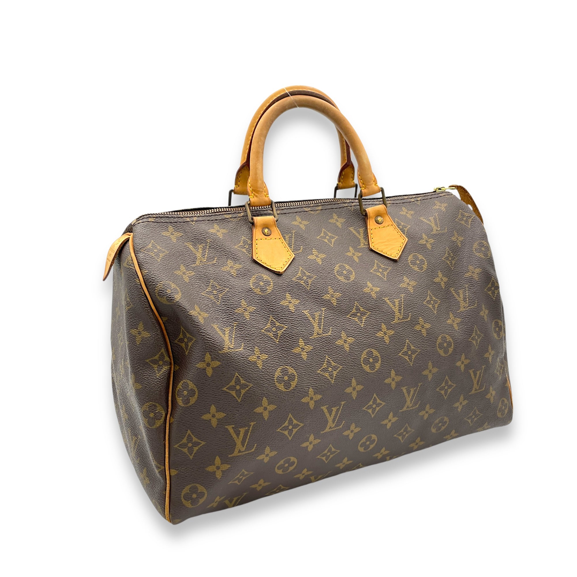 Speedy 35 Brown Top Handle Bag in Monogram Coated Canvas, Gold hardware