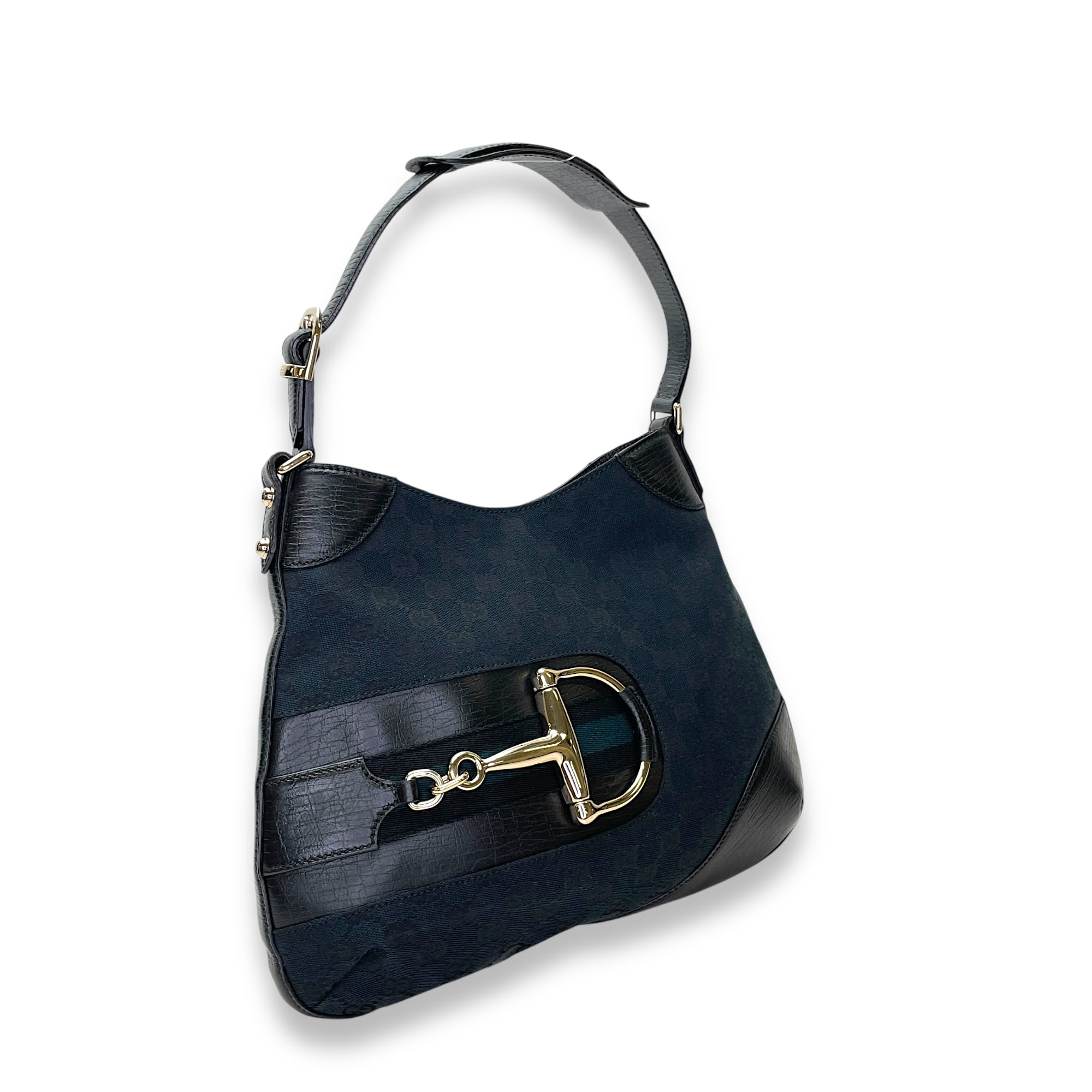 horsebit Black Shoulder Bag in Jacquard, Light Gold hardware