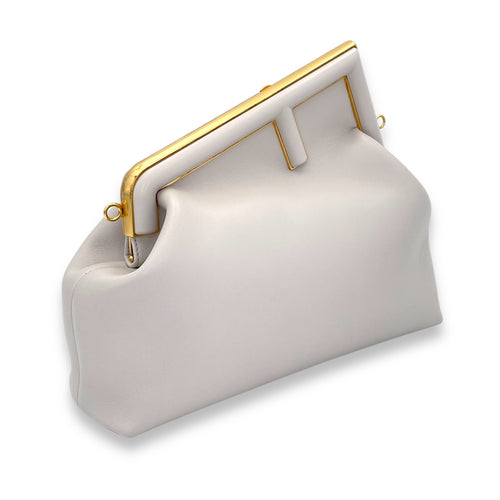 First Medium Grey Shoulder Bag in Calfskin, Gold hardware