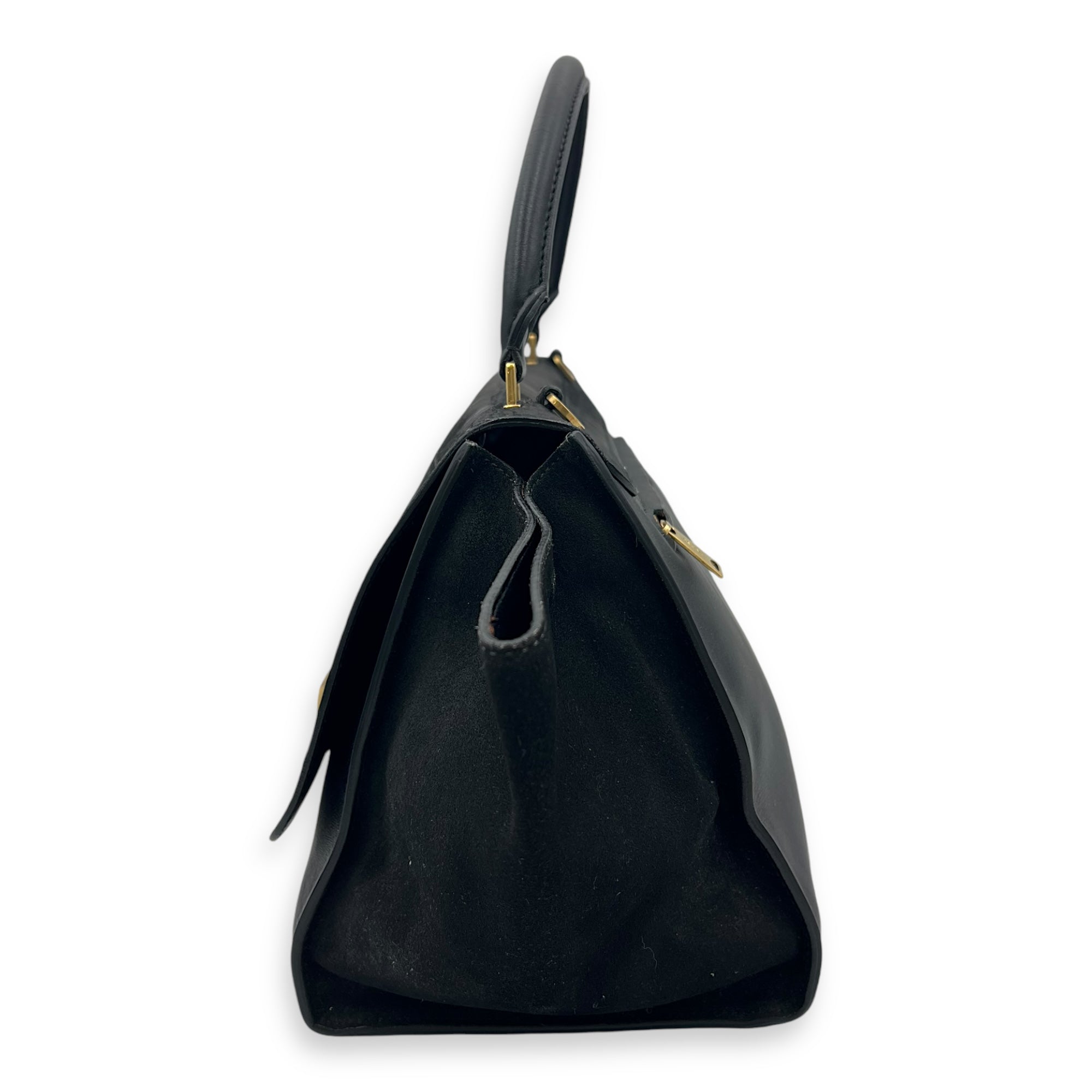 Trapeze Medium Black Top Handle Bag in Calfskin, Gold hardware