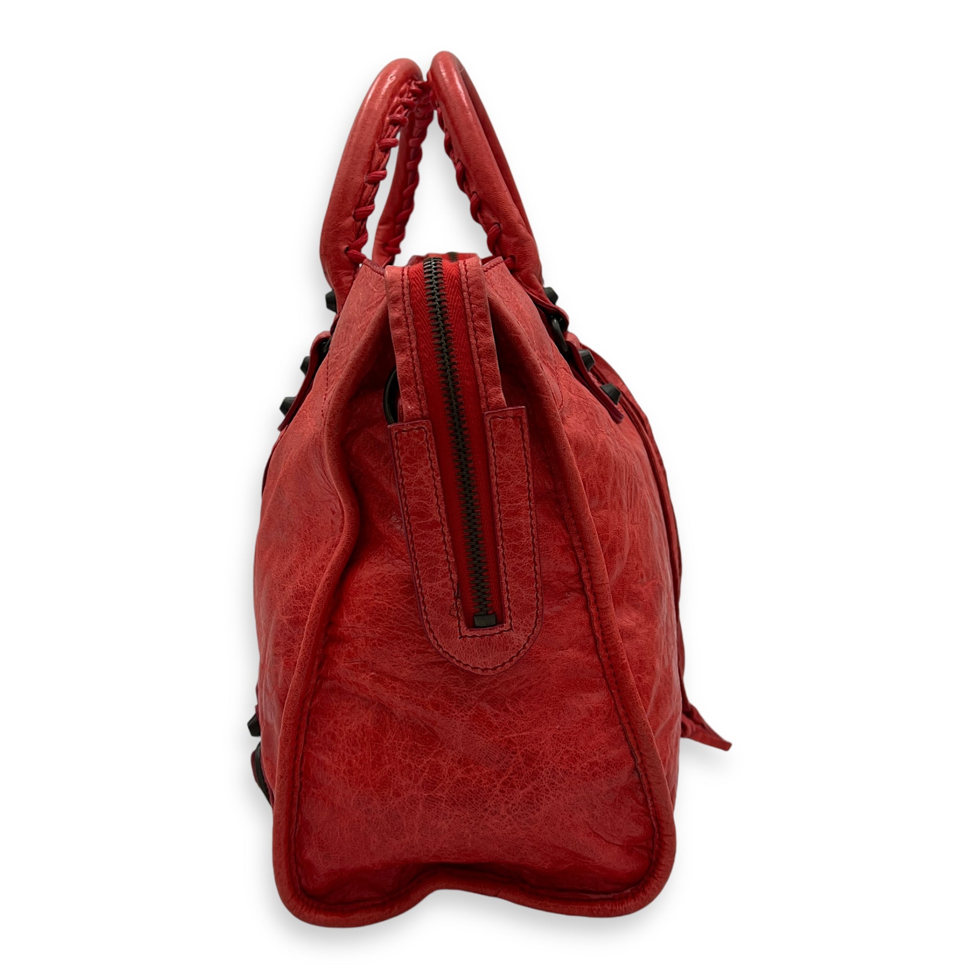 City Top Handle Bag Medium Red in Distressed Leather, Ruthenium hardware