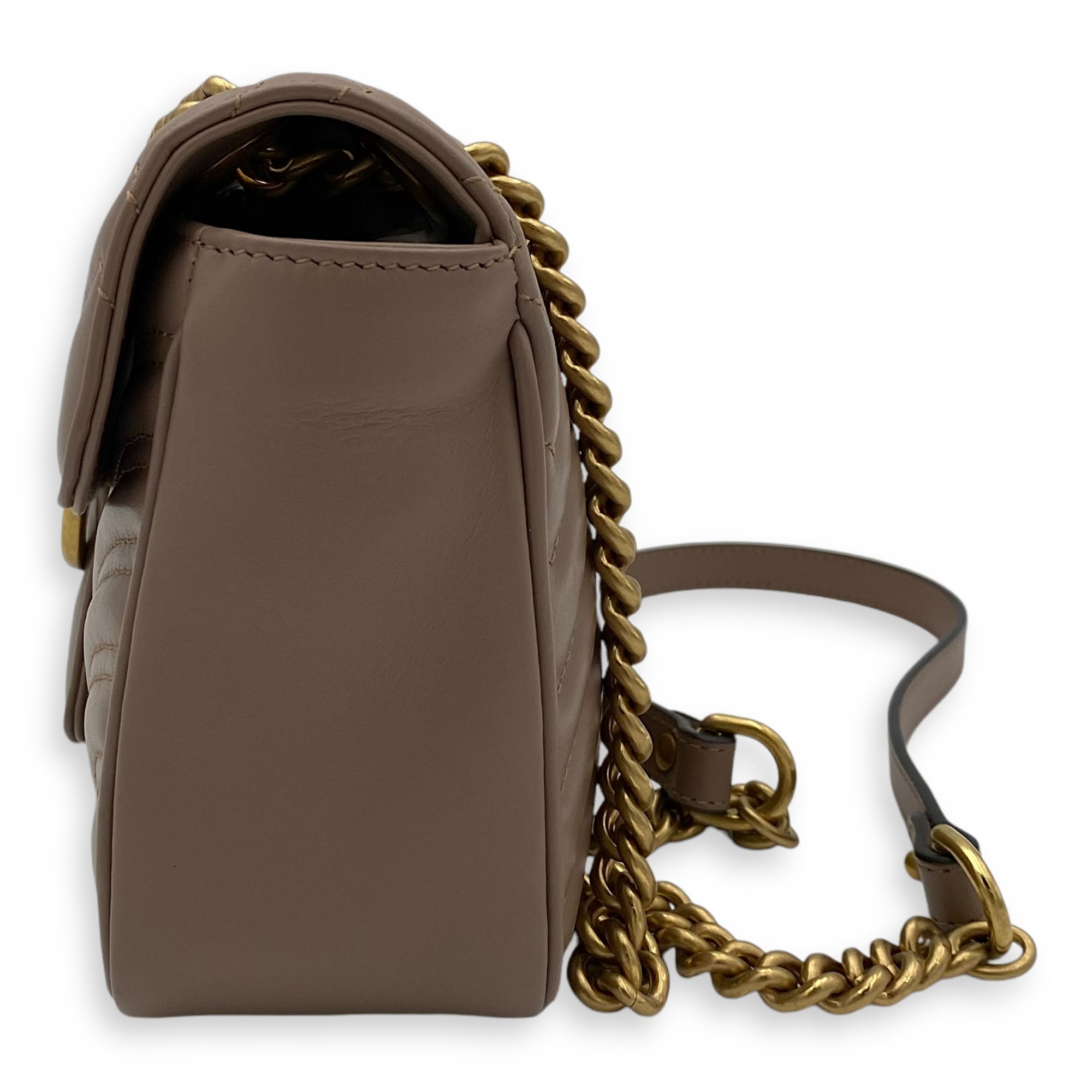 GG Marmont Small Beige Shoulder Bag in Calfskin, Gold hardware