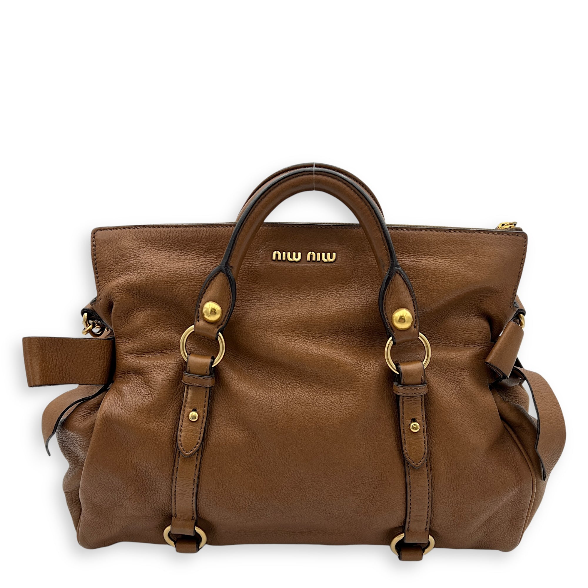 Vitello Bow Shoulder Bag Brown in Calfskin, Gold hardware