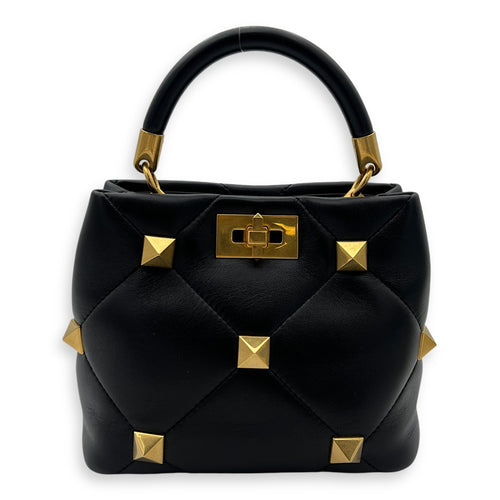 Roman Studs Top Handle Bag Small Black in Calfskin, Gold hardware