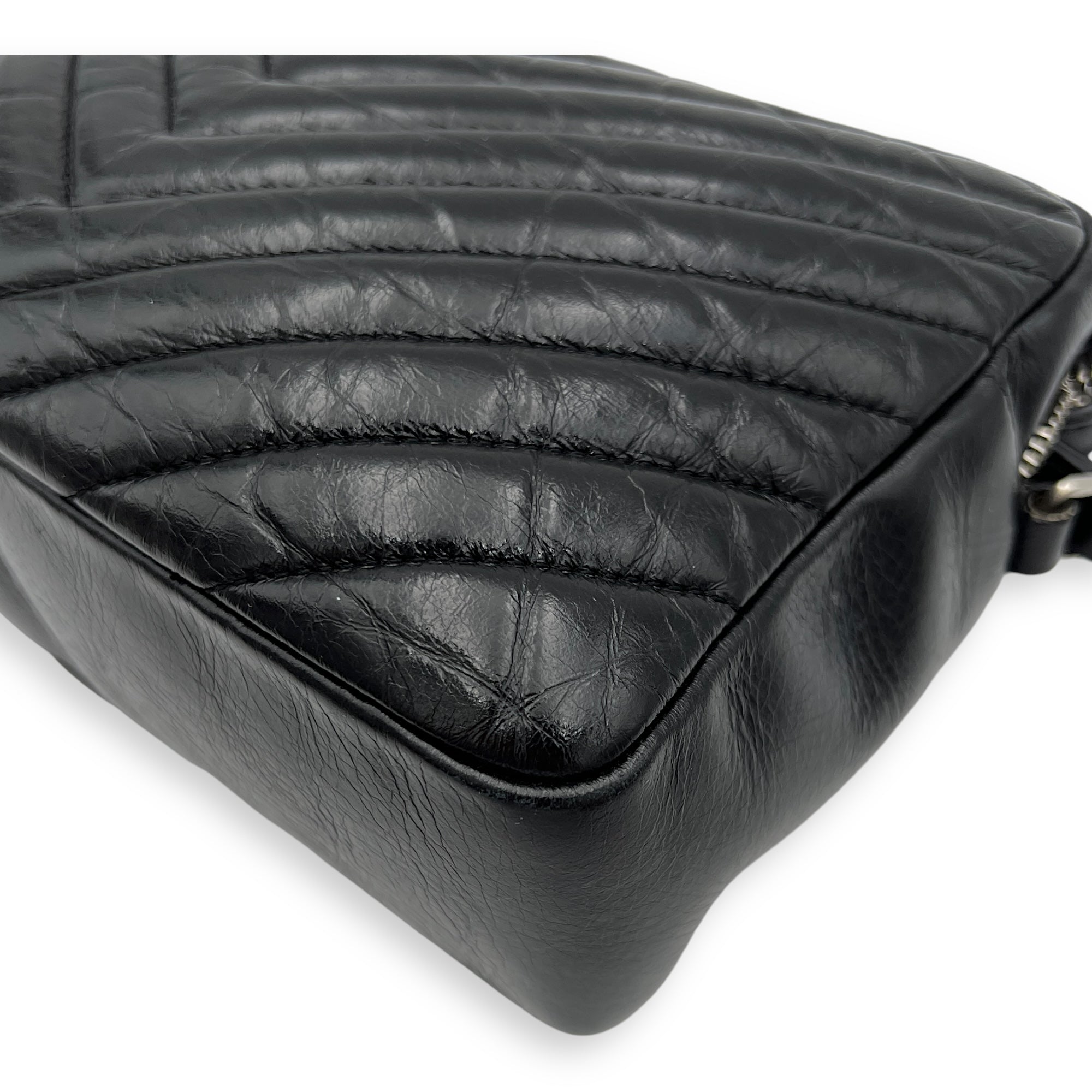 Lou Crossbody Bag Black in Calfskin, Silver hardware