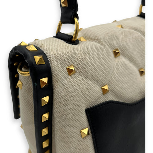 Rockstud White Top Handle Bag in Canvas, Gold hardware