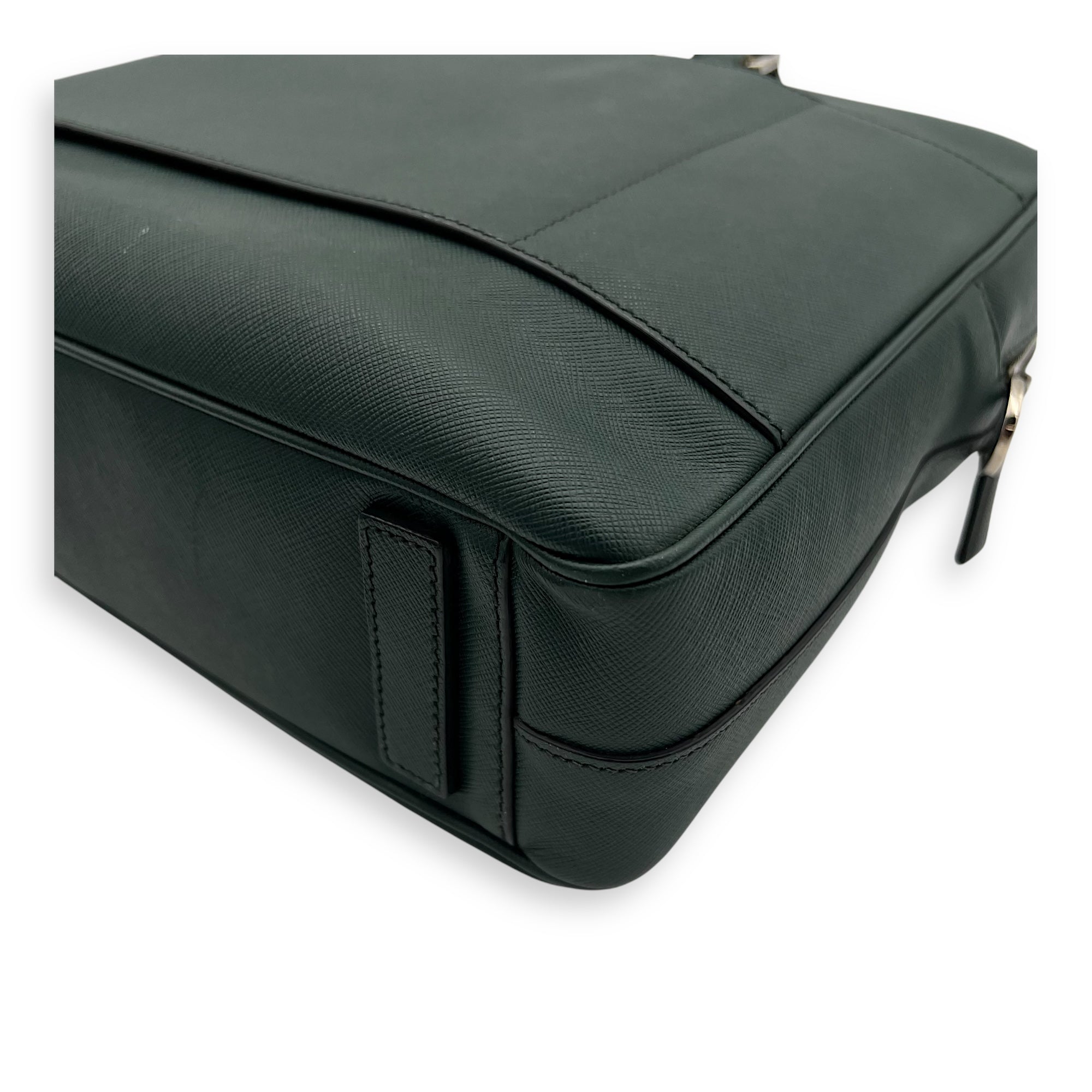 Prada Travel Line Large Green Brief case in Saffiano Leather, Silver hardware_13