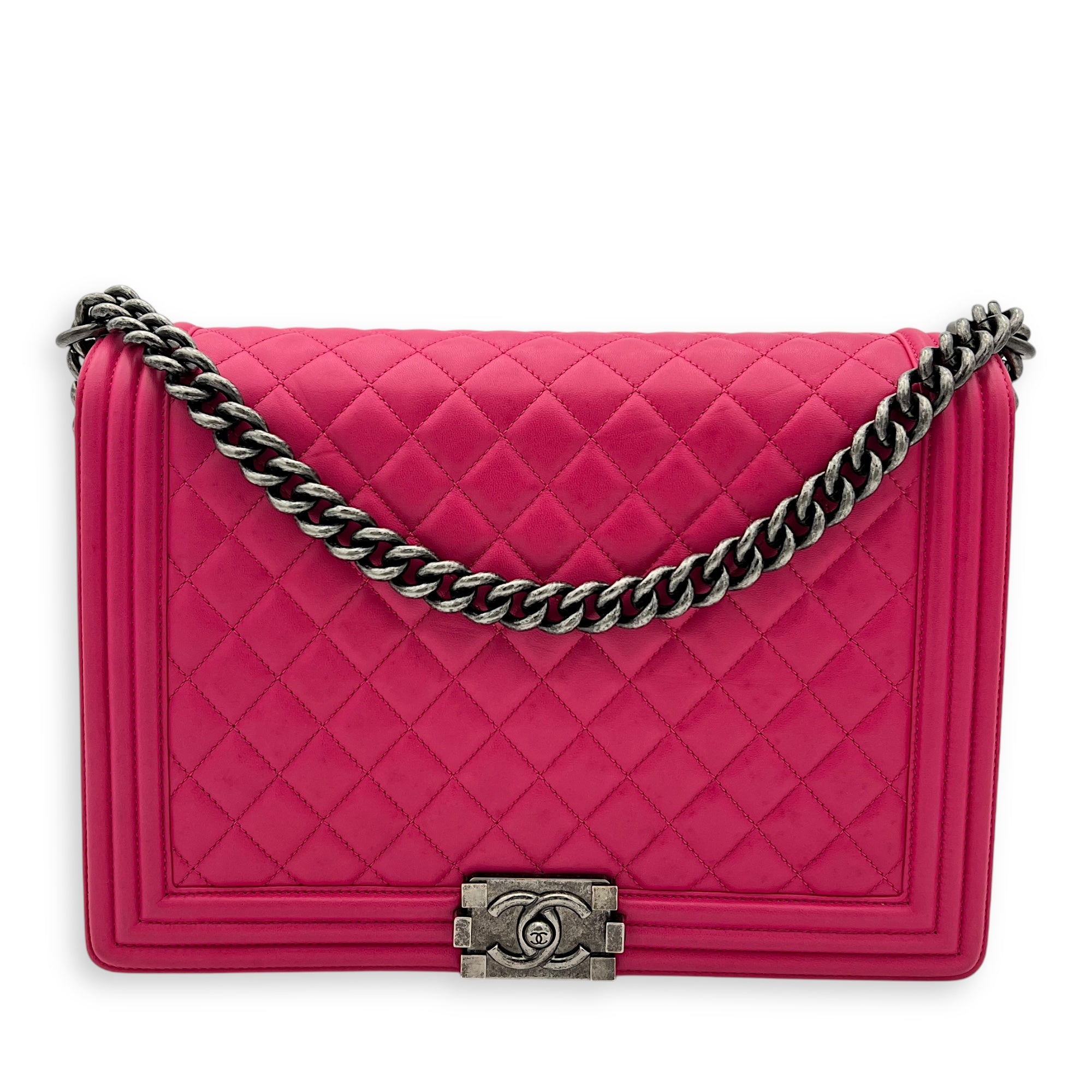 Chanel Boy Large Pink Shoulder Bag in Lambskin, Ruthenium hardware_1