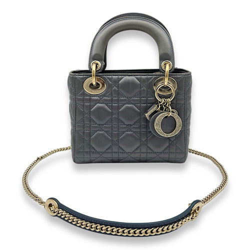 Christian Dior Lady Dior Top Handle Bag Mini Grey in Satin, Gold hardware_12