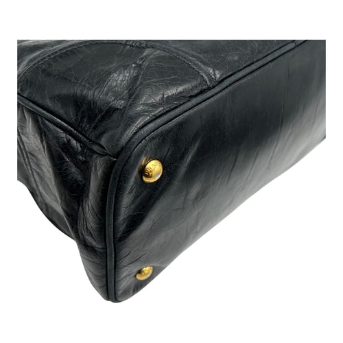 Prada Logo Top Handle Bag Black in Distressed Leather, Gold hardware_11