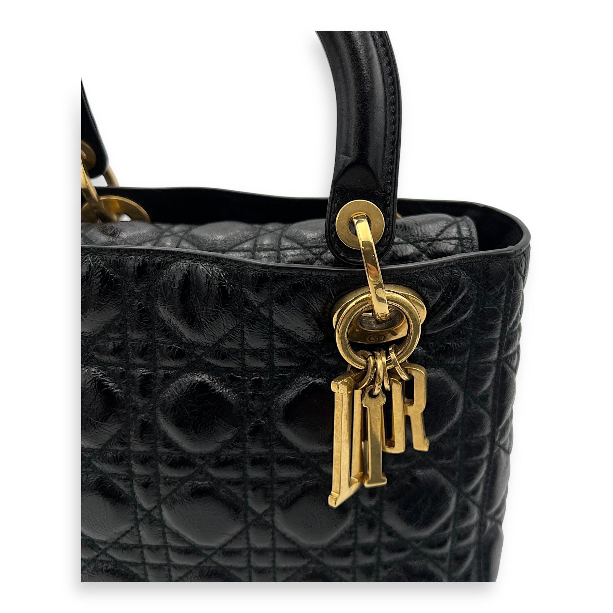 Christian Dior Lady Dior Top Handle Bag Medium Black in Calfskin, Gold hardware_7