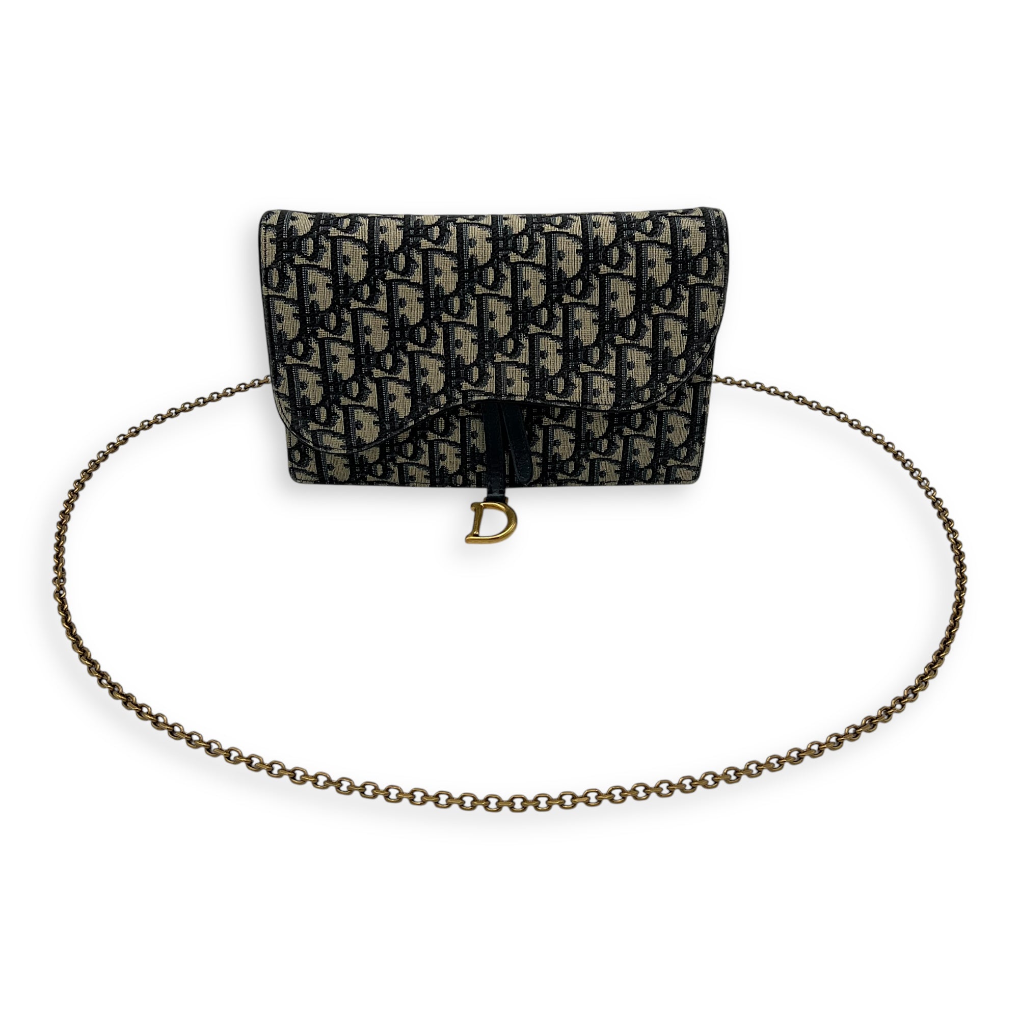 Christian Dior Saddle Wallet On Chain Blue in Jacquard, Gold hardware_10