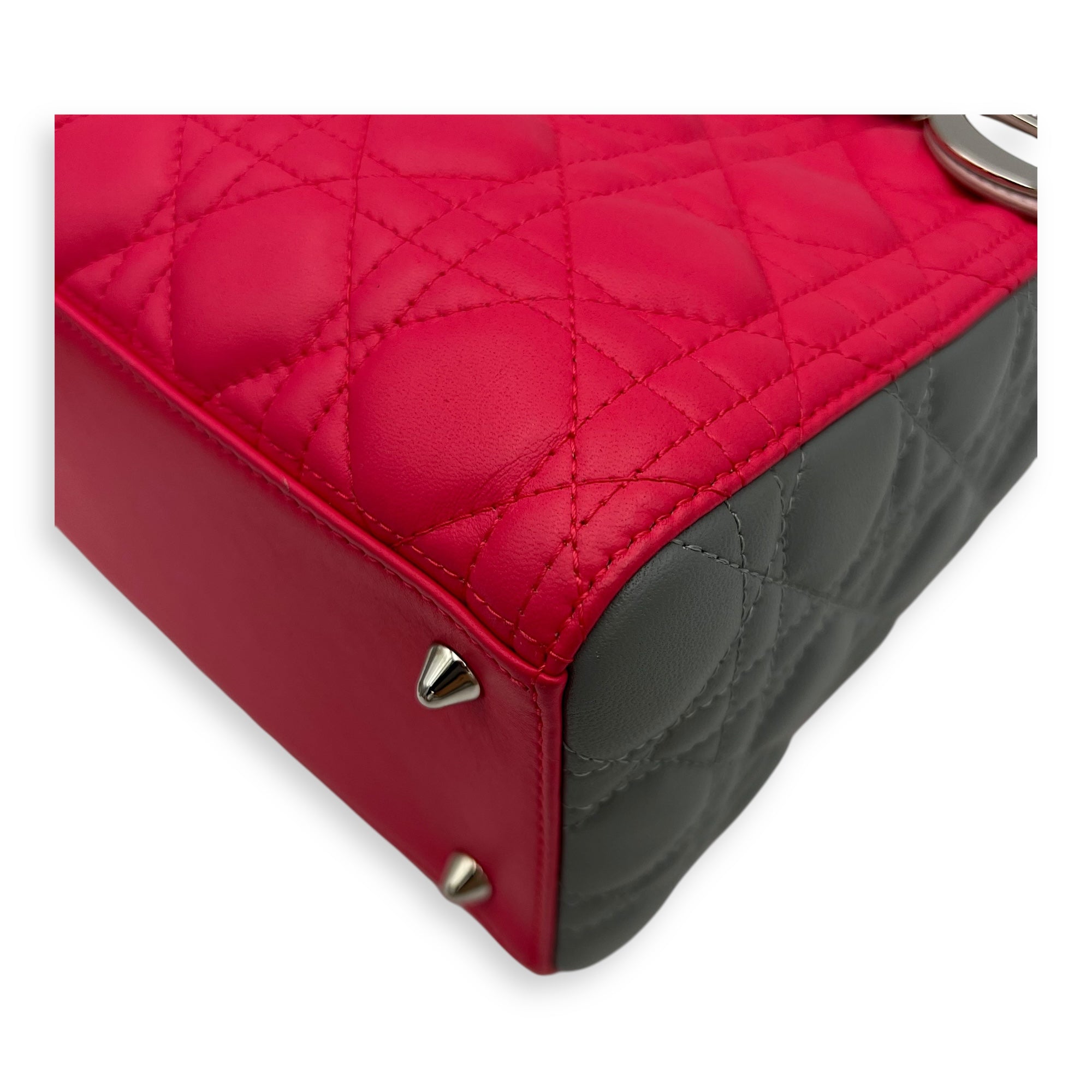 Christian Dior Lady Dior Top Handle Bag Medium Pink in Lambskin, Silver hardware_8