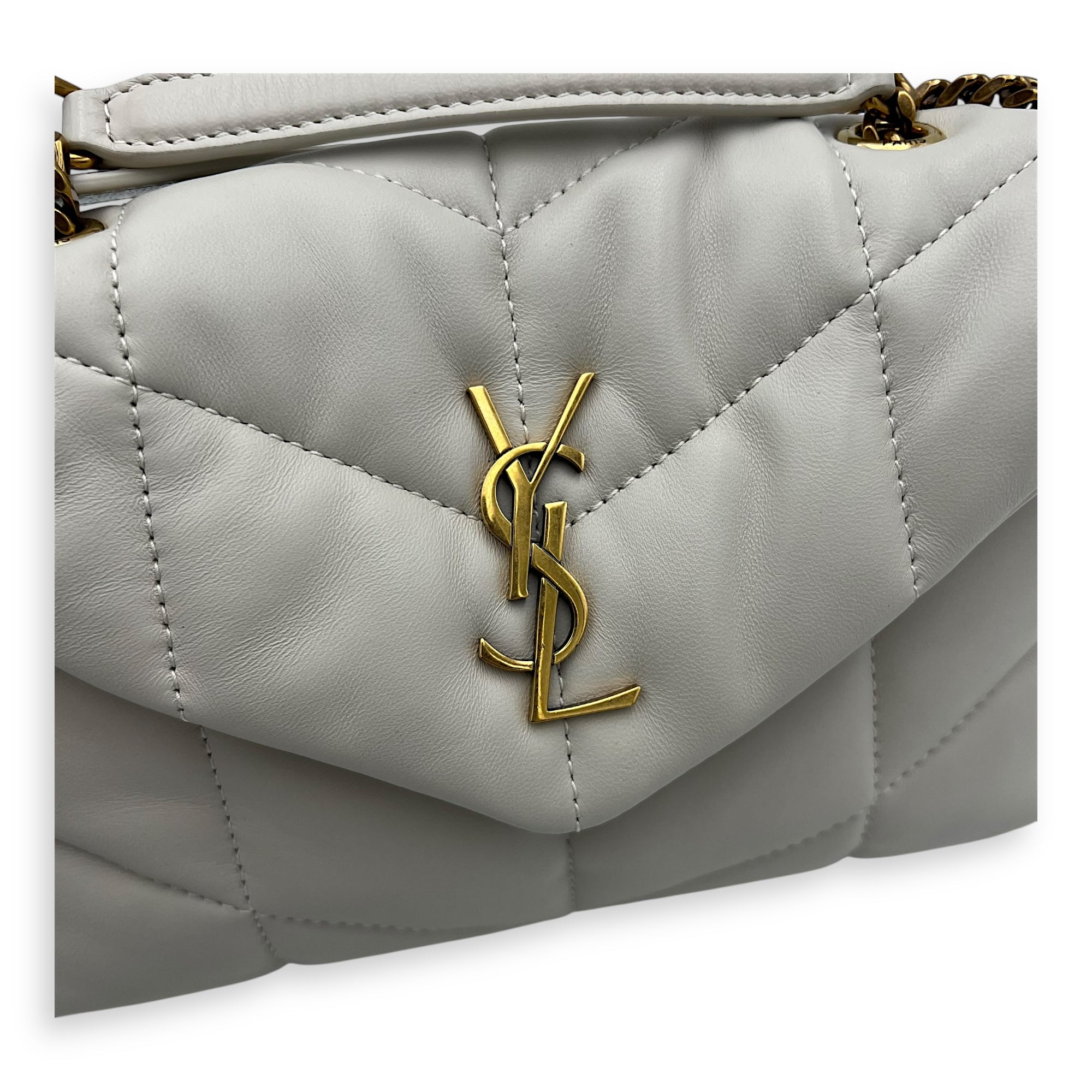 Saint Laurent Puffer Shoulder Bag Toy Ecru in Lambskin, Brushed Gold hardware_7