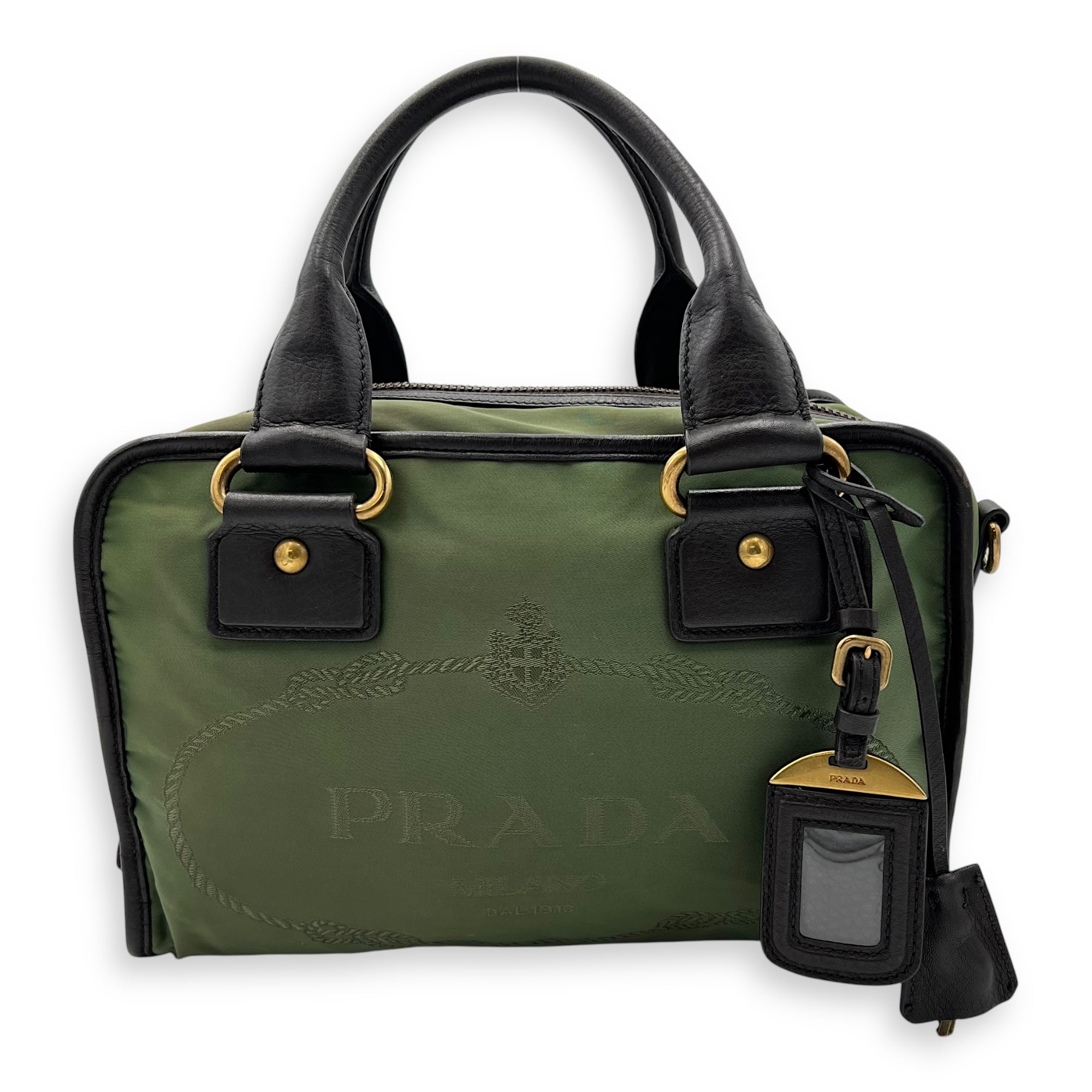 Prada Logo Top Handle Bag Green in Nylon, Gold hardware_1