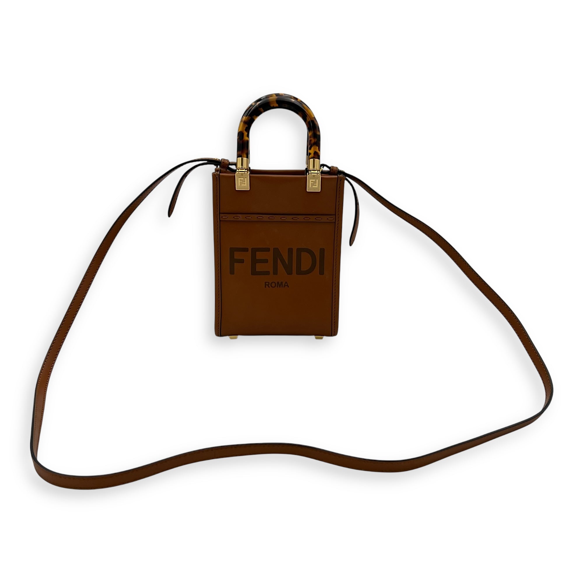 Fendi Sunshine Top Handle Bag Mini Brown in Calfskin, Gold hardware_14