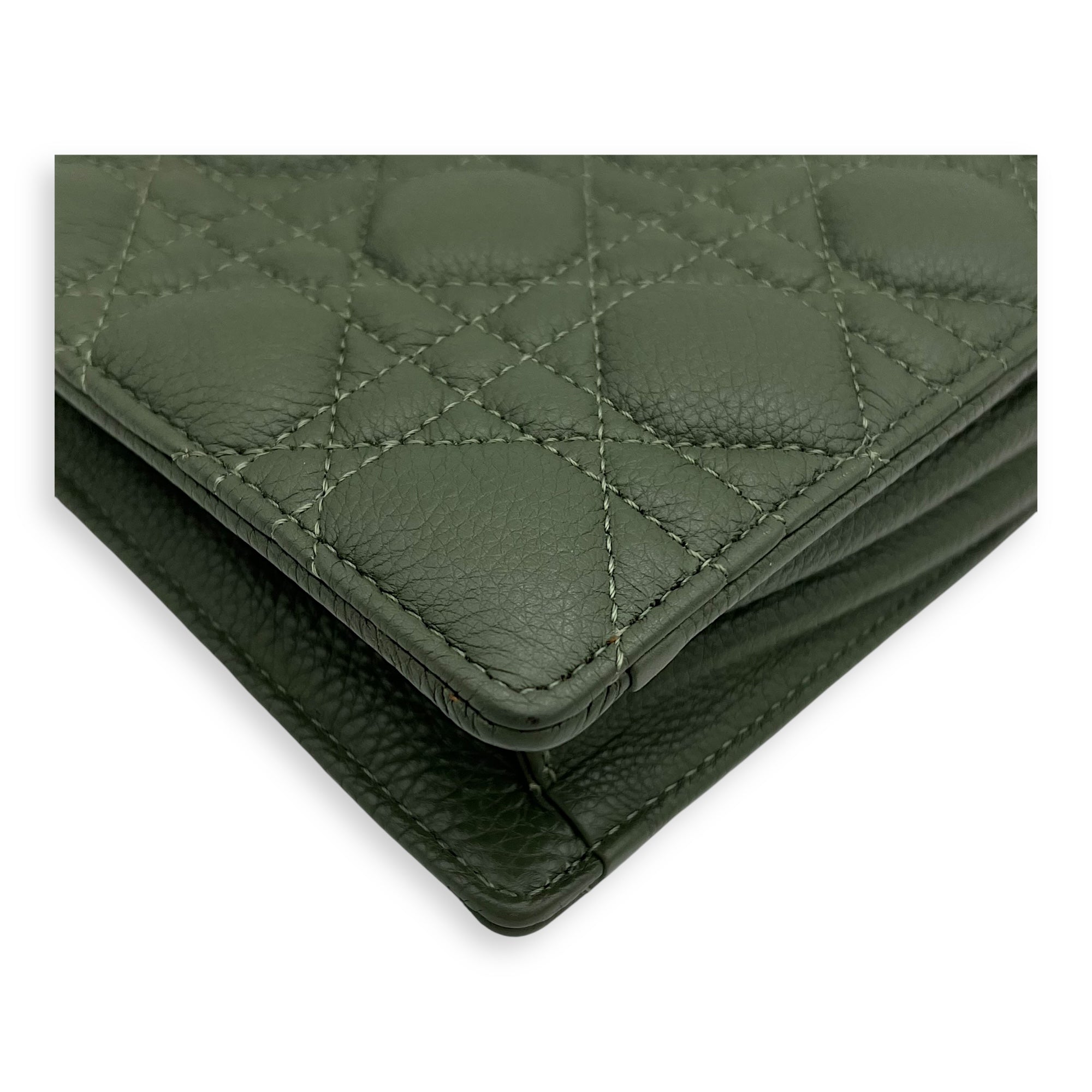 Christian Dior Caro Pouch with chain Green in Calfskin, Gold hardware_8