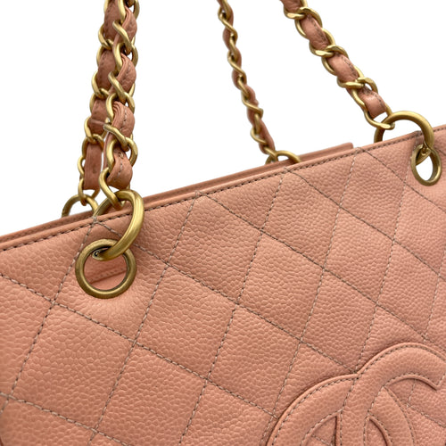 PST Petit Shopping Petit Pink Tote Bag in Caviar Leather, Gold hardware