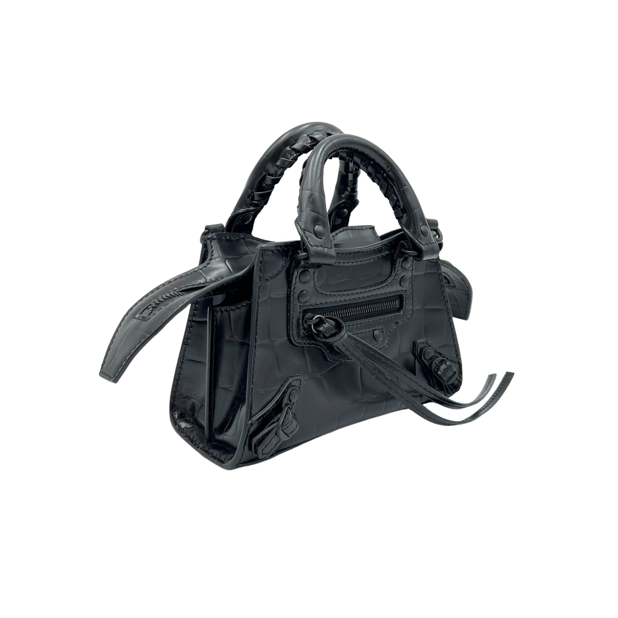 Neo Classic Top Handle Bag Mini Black in Crocodile Embossed Calfskin , Lacquered Metal Hardware