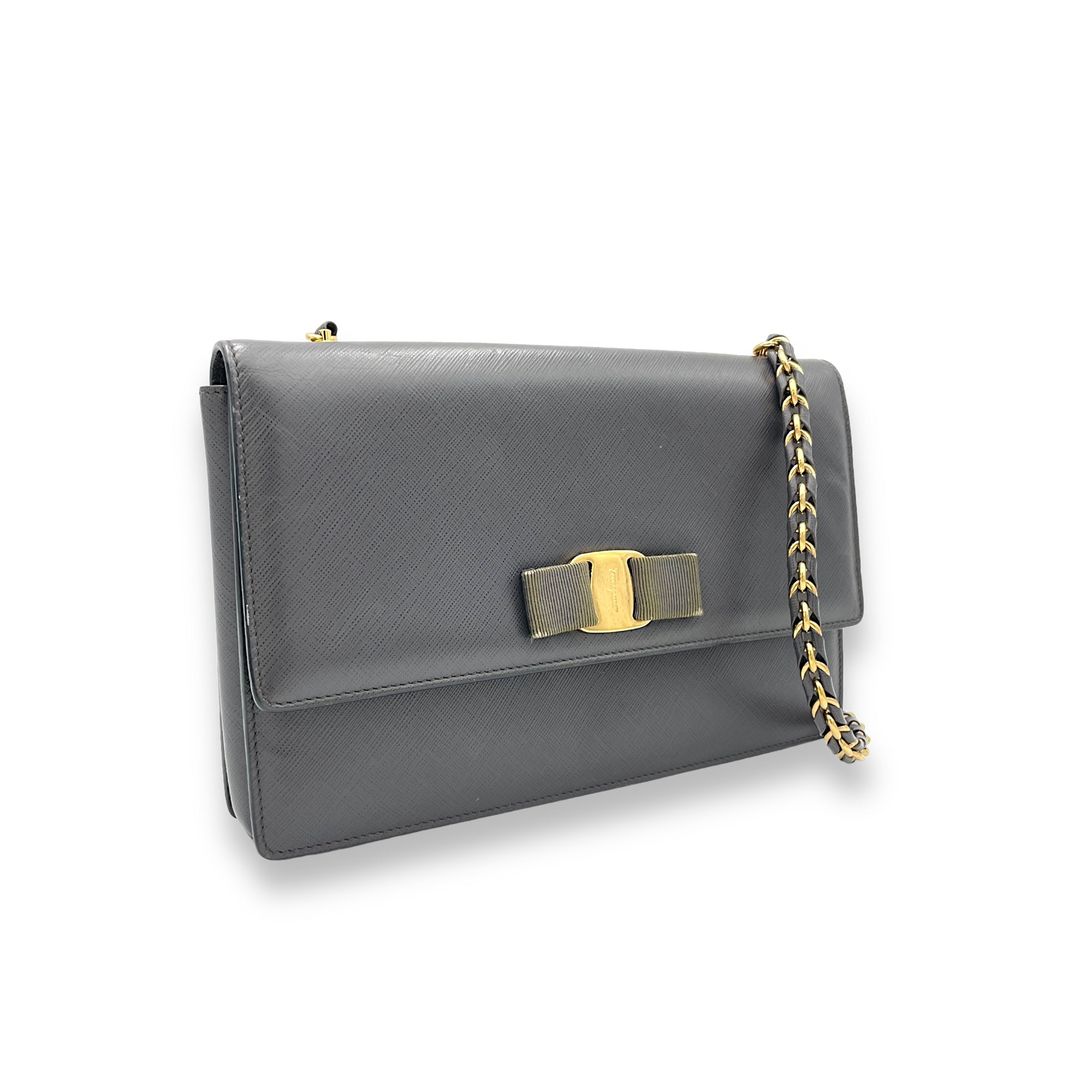 Vara Bow Grey Crossbody Bag in Calfskin, Gold hardware